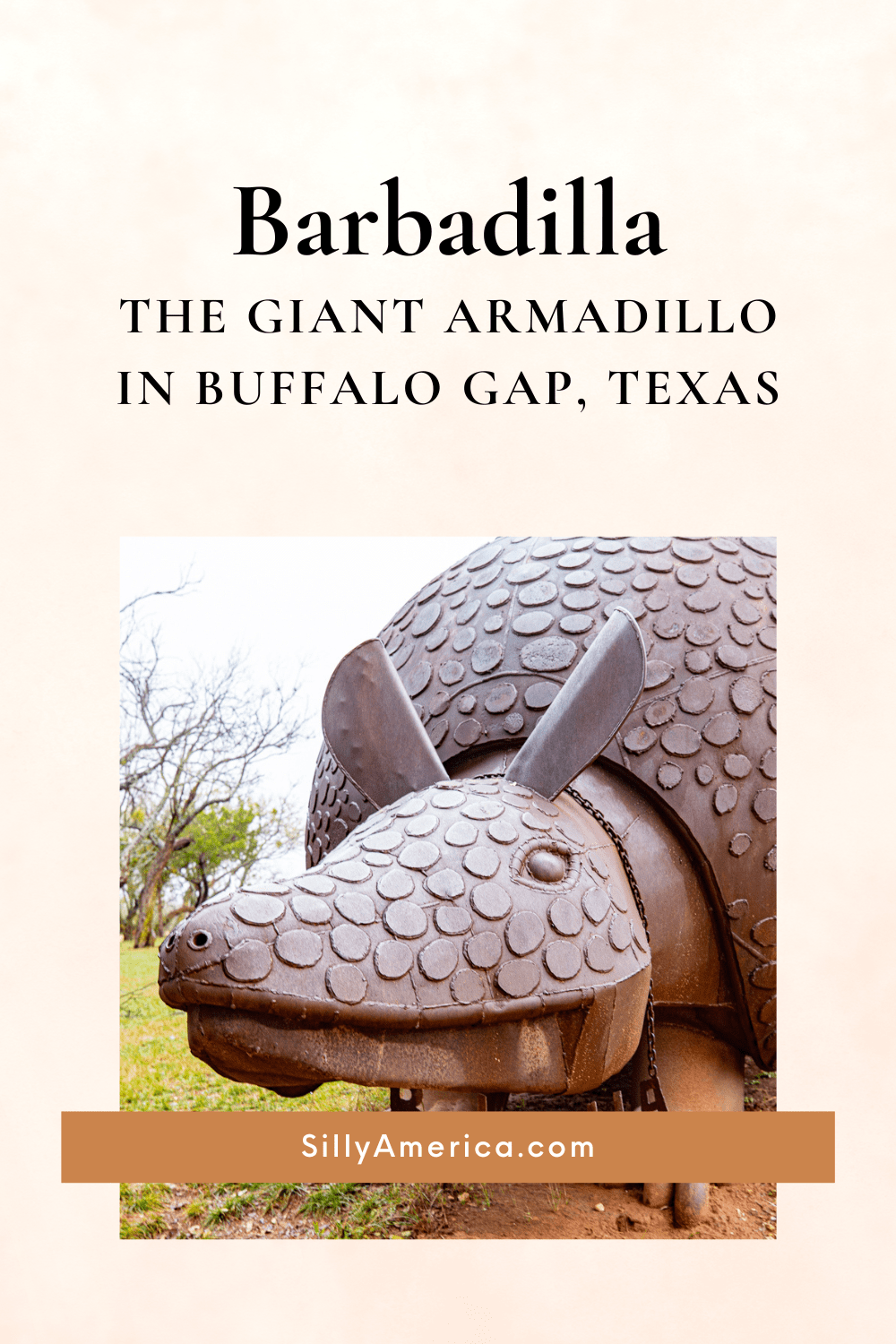 What's the dillo with this Texas roadside attraction? It's Barbadilla: the Giant Armadillo in Buffalo Gap, Texas. Barbadilla is a 30-foot-long metal armadillo sculpture that has stood outside Perini Ranch Steakhouse since 2009. Designed by sculptor Joe Barrington of Red Star Studio in Throckmorton, Texas, Barbadilla is a much-loved attraction that beckons road trippers to stop for a selfie, and a steak. Visit this Texas roadisde attraction on a Texas road trip! #RoadsideAttraction #RoadTrip