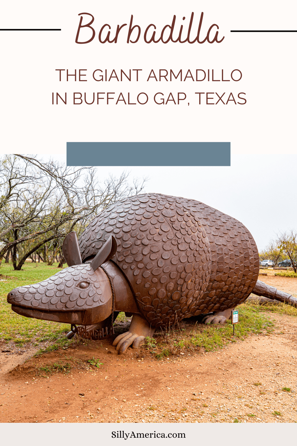What's the dillo with this Texas roadside attraction? It's Barbadilla: the Giant Armadillo in Buffalo Gap, Texas. Barbadilla is a 30-foot-long metal armadillo sculpture that has stood outside Perini Ranch Steakhouse since 2009. Designed by sculptor Joe Barrington of Red Star Studio in Throckmorton, Texas, Barbadilla is a much-loved attraction that beckons road trippers to stop for a selfie, and a steak. Visit this Texas roadisde attraction on a Texas road trip! #RoadsideAttraction #RoadTrip