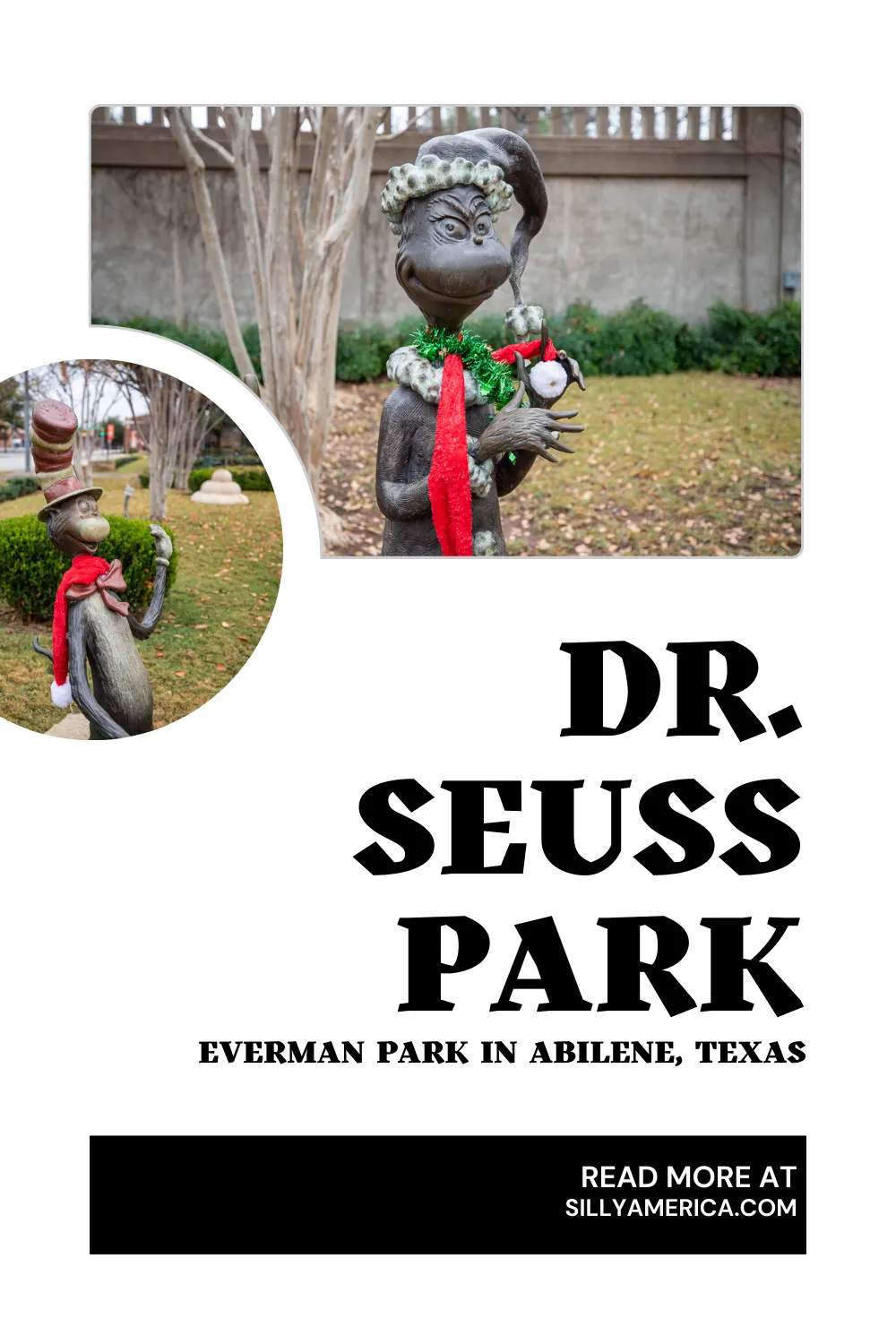 Abilene, Texas is considered the Storybook Capital of America. The town is dedicated to "showcasing the wonders of children’s literature," and is home to the National Center for Children’s Illustrated Literature and the annual Children’s Art & Literacy Festival. You can find many storybook character statues around town. Including these six Dr. Seuss statues at Dr. Seuss Park - Everman Park. #DrSeuss #DrSeussPark #RoadTrip #TexasRoadTrip #Texas #RoadsideAttraction #RoadsideAttractions