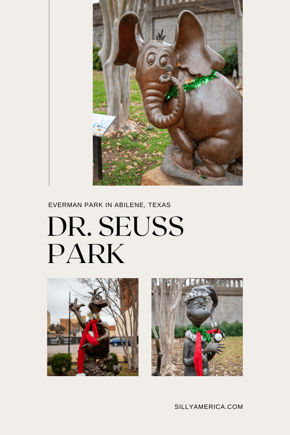 Abilene, Texas is considered the Storybook Capital of America. The town is dedicated to "showcasing the wonders of children’s literature," and is home to the National Center for Children’s Illustrated Literature and the annual Children’s Art & Literacy Festival. You can find many storybook character statues around town. Including these six Dr. Seuss statues at Dr. Seuss Park - Everman Park. #DrSeuss #DrSeussPark #RoadTrip #TexasRoadTrip #Texas #RoadsideAttraction #RoadsideAttractions