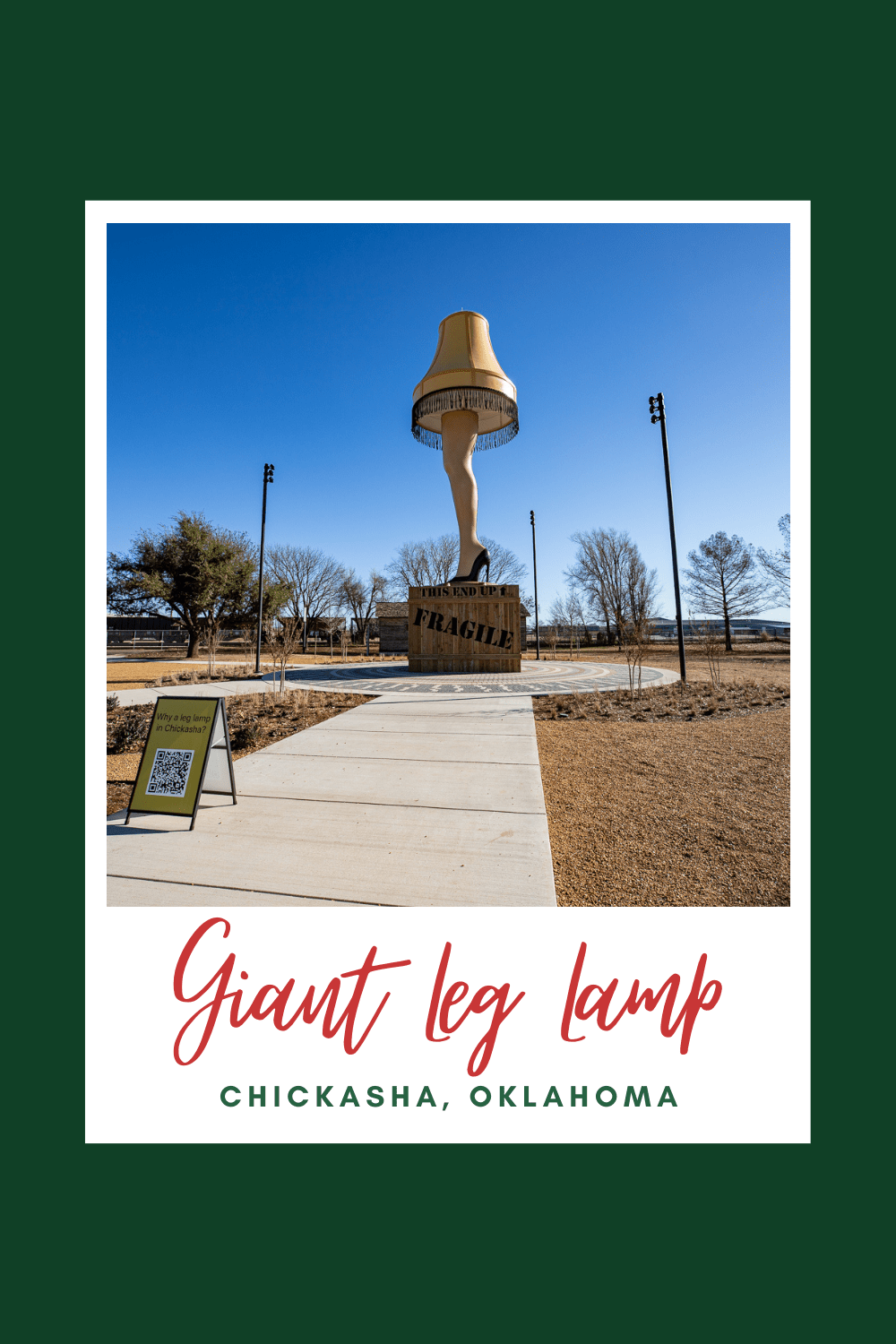 This roadside attraction is so very fraa-jeel-aay you might think you'd find it in Italy. But you'll actually find it in Oklahoma. If you love the movie A Christmas Story, you'll love the Giant Leg Lamp in Chickasha, Oklahoma. Visit this Oklahoma roadside attraction on your holiday road trip or any time of year! It's a fun road trip stop! #RoadTrip #RoadsideAttraction #RoadsideAmerica #AChristmasStory #Christmas