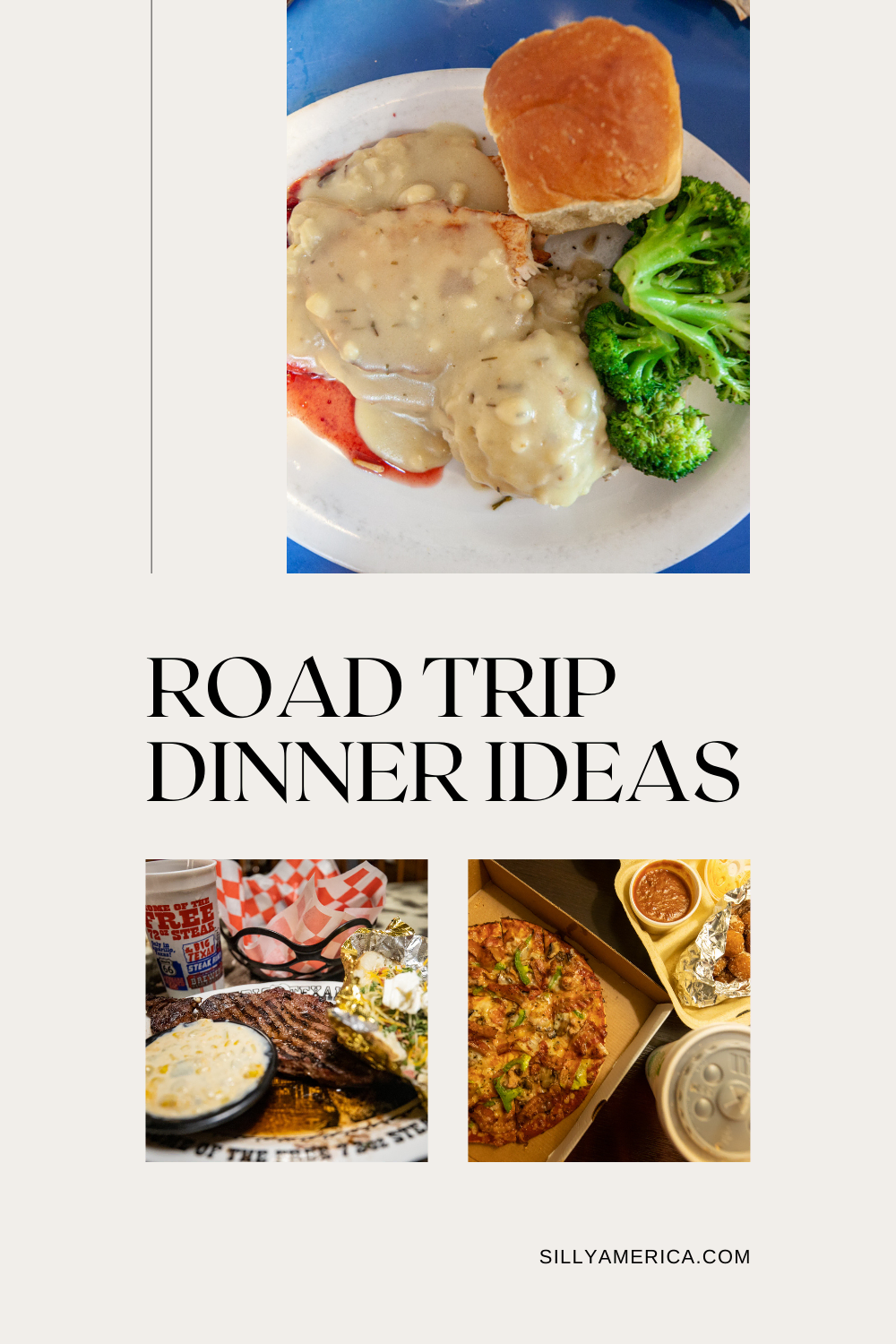 When you've been on the road all day, there's nothing like a good meal to top it all off. So what are some good road trip dinner ideas? Whether it's late at night and you want grab and go fast food, want to try out a local delicacy at a diner or restaurant, want to order in for dinner in bed, or prefer to save money and time by packing make ahead dinners in the cooler or cooking at your AirBNB, the best road trip dinner is the one you're eating tonight. #RoadTrip #RoadTripDinnerIdeas