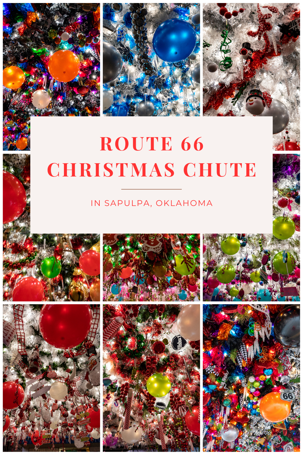 Celebrate the shining lights of the holidays and the bright lights of Route 66 at an event that brings it all together: the Route 66 Christmas Chute in Sapulpa, Oklahoma. View thousands of lights and holiday decorations arranged as canopies on this stretch of the Mother Road. Perfect stop for a winter Route 66 road trip! #Route66 #RoadTrip