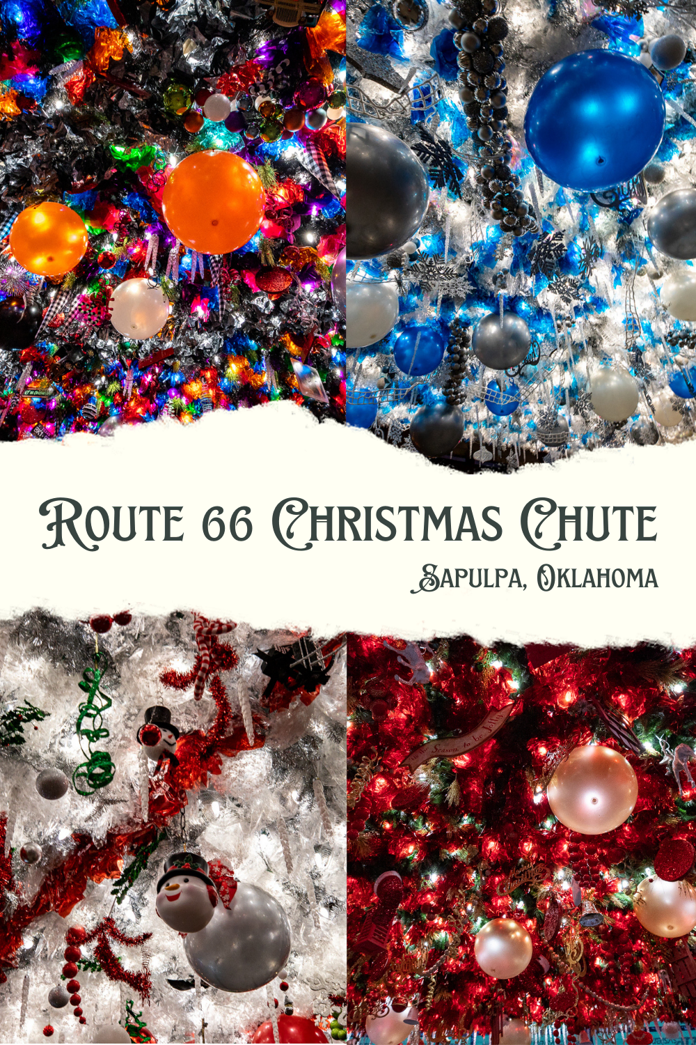Celebrate the shining lights of the holidays and the bright lights of Route 66 at an event that brings it all together: the Route 66 Christmas Chute in Sapulpa, Oklahoma. View thousands of lights and holiday decorations arranged as canopies on this stretch of the Mother Road. Perfect stop for a winter Route 66 road trip! #Route66 #RoadTrip