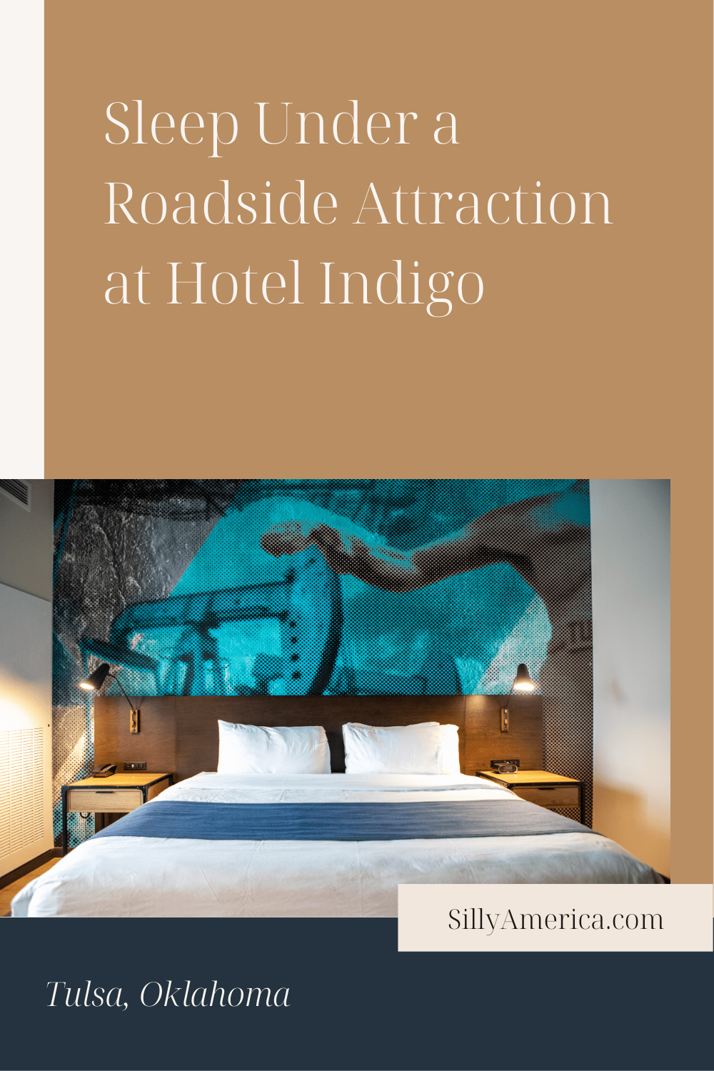 You know how much we here at Silly America love roadside attractions. The only thing we love as much as visiting roadside attractions is finding the best quirky hotels to spend the night at on our road trips. Hotel Indigo in Tulsa, Oklahoma fits that bill perfectly with its convenient location and eclectic decor. Plus, you might even get to sleep under a roadside attraction. The industrial decor features a Golden Driller mural! #TulsaOklahoma #OklahomaHotel #TulsaHotel #Route66Hotel