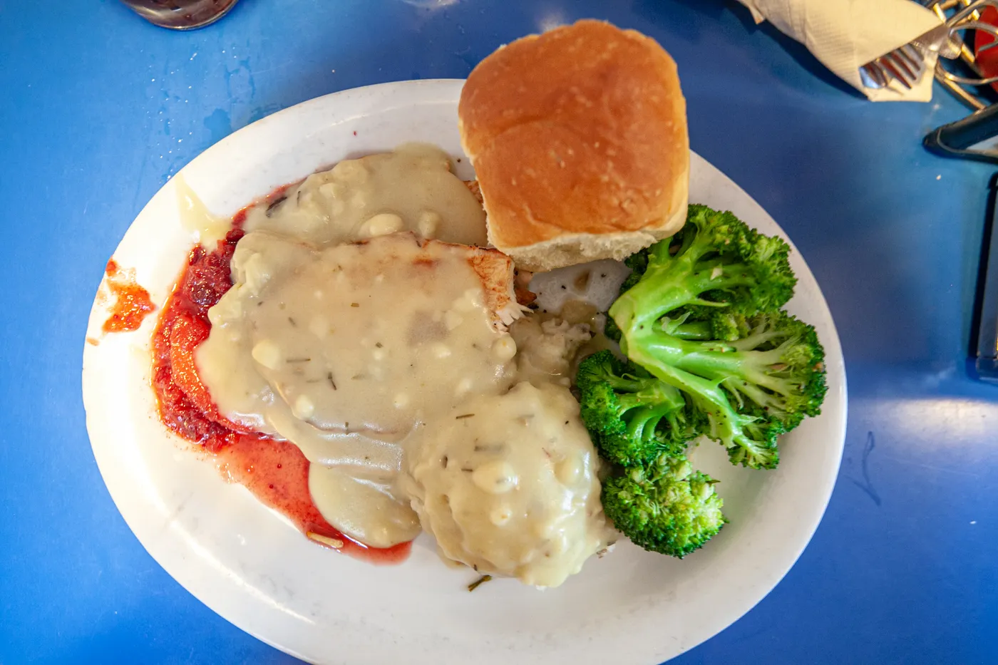 Road Trip Dinner Ideas - Thanksgiving feast dinner - turkey, mashed potatoes, and broccoli, at Monty’s Blue Plate Diner in Madison, WIsconsin.
