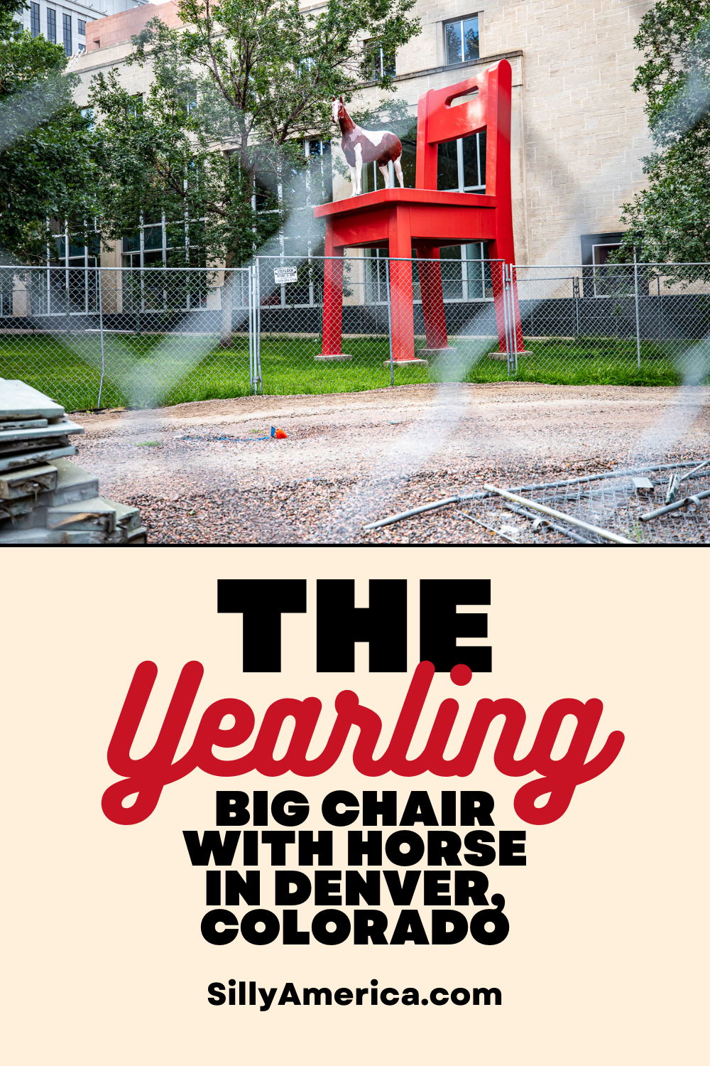 This Denver roadside attraction will have you saying yyay and neigh! It is The Yearling, a big red chair with a horse in Denver, Colorado. The Yearling features a 21-foot tall, 10-foot wide red-painted steel chair. Standing on top of the seat is "Scout," a young 6-foot tall fiberglass pinto horse. #Denver #DenverColorado #RoadTrip #RoadsideAttraction #RoadsideAttractions