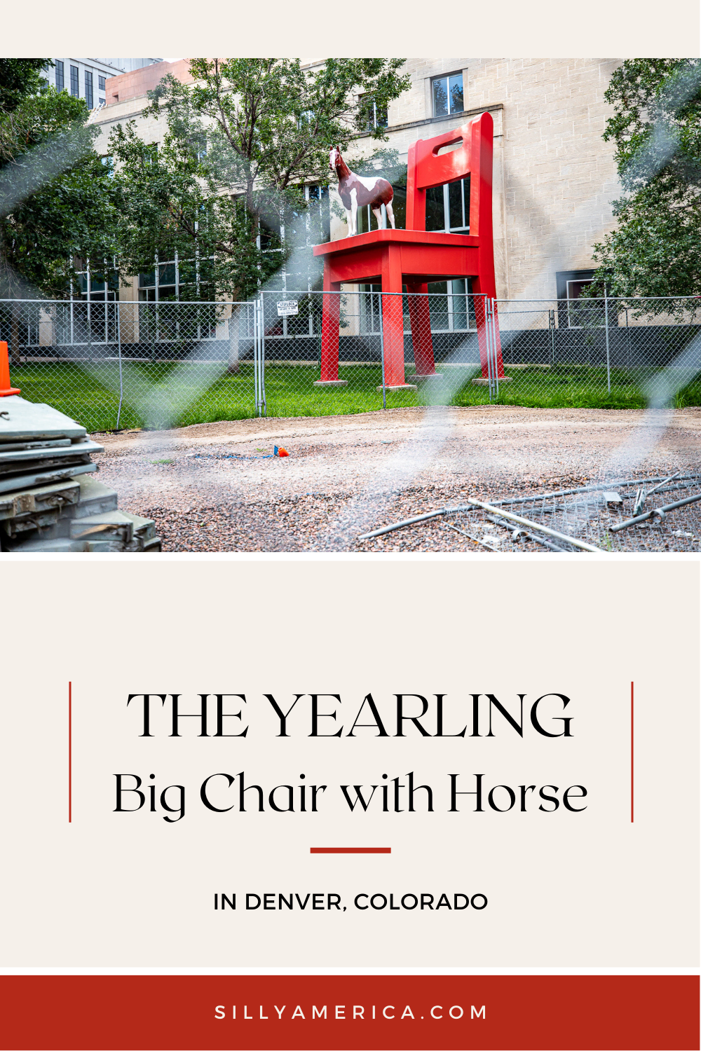 This Denver roadside attraction will have you saying yyay and neigh! It is The Yearling, a big red chair with a horse in Denver, Colorado. The Yearling features a 21-foot tall, 10-foot wide red-painted steel chair. Standing on top of the seat is "Scout," a young 6-foot tall fiberglass pinto horse. #Denver #DenverColorado #RoadTrip #RoadsideAttraction #RoadsideAttractions