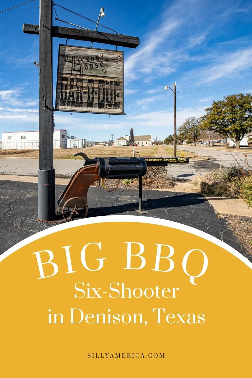 This roadside attraction is a smoking gun-literally. It's the Big BBQ Six-Shooter in Denison, Texas. Talk about bringing out the big guns! Visit this local roadside attraction on your next Texas road trip. Add it to your travel itinerary! #RoadTrip #texasRoadTrip #FortWorth #FortWorthTexas #FortWorthAttractions #FortWorthTexasAttractions #RoadsideAttraction #RoadsideAttractions #TexasRoadsideAttraction #TexasRoadsideAttractions