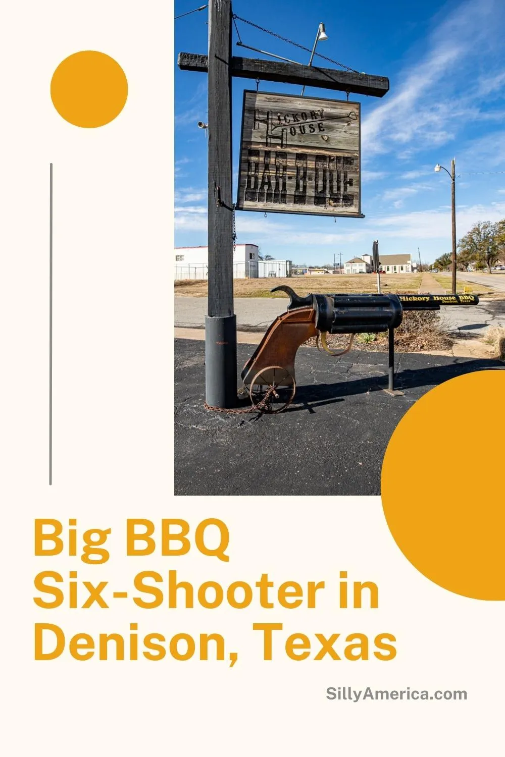 This roadside attraction is a smoking gun-literally. It's the Big BBQ Six-Shooter in Denison, Texas. Talk about bringing out the big guns! Visit this local roadside attraction on your next Texas road trip. Add it to your travel itinerary! #RoadTrip #texasRoadTrip #FortWorth #FortWorthTexas #FortWorthAttractions #FortWorthTexasAttractions #RoadsideAttraction #RoadsideAttractions #TexasRoadsideAttraction #TexasRoadsideAttractions