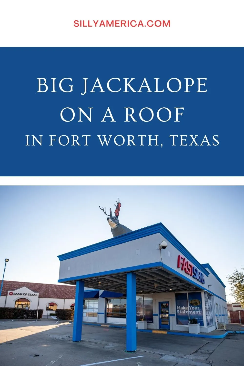 Even if you know jack about roadside attractions, you could probably guess that this one is a hare above the rest. It's the Big Jackalope on a Roof in Fort Worth, Texas. Visit this beloved local favorite roadside attraction on your next Texas road trip. Add it to your travel itinerary! #RoadTrip #TexasRoadTrip #FortWorth #FortWorthTexas #FortWorthAttractions #FortWorthTexasAttractions #RoadsideAttraction #RoadsideAttractions #TexasRoadsideAttraction #TexasRoadsideAttractions