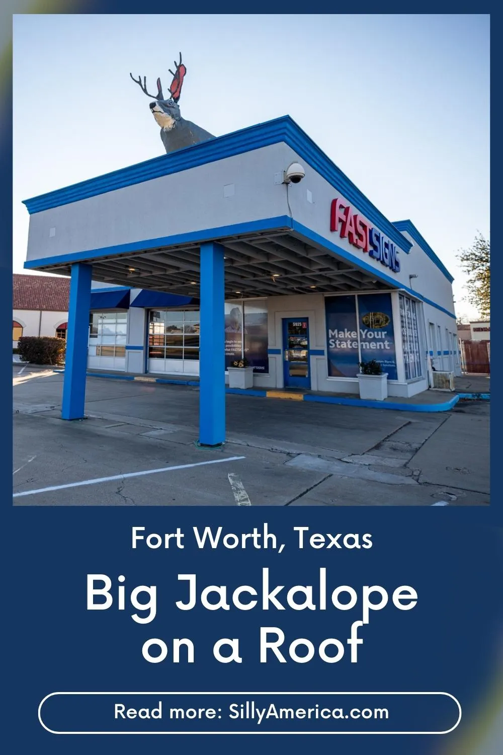 Even if you know jack about roadside attractions, you could probably guess that this one is a hare above the rest. It's the Big Jackalope on a Roof in Fort Worth, Texas. Visit this beloved local favorite roadside attraction on your next Texas road trip. Add it to your travel itinerary! #RoadTrip #TexasRoadTrip #FortWorth #FortWorthTexas #FortWorthAttractions #FortWorthTexasAttractions #RoadsideAttraction #RoadsideAttractions #TexasRoadsideAttraction #TexasRoadsideAttractions