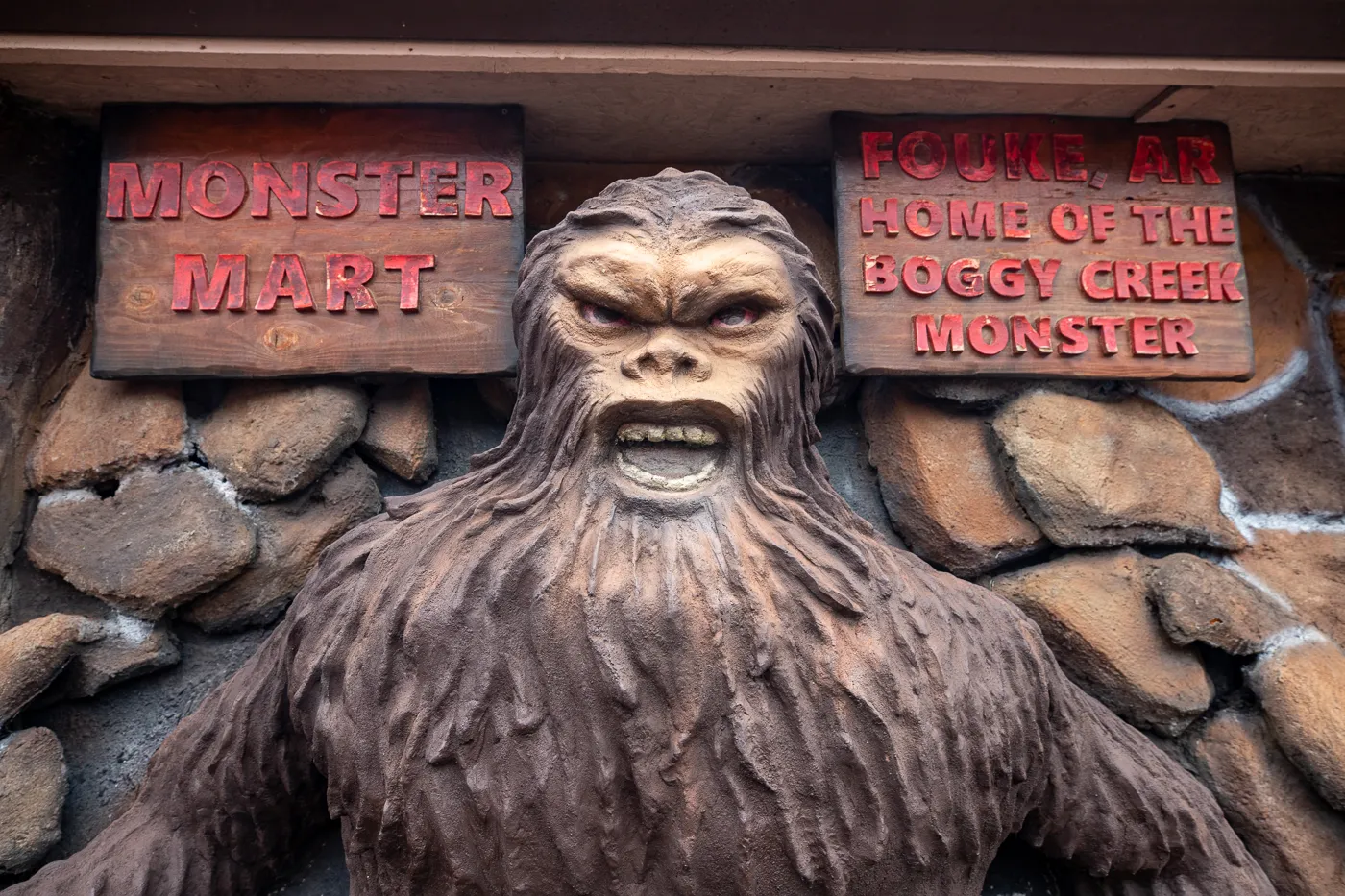 Boggy Creek Monster at Fouke Monster Mart in Fouke, Arkansas roadside attraction and convenience store