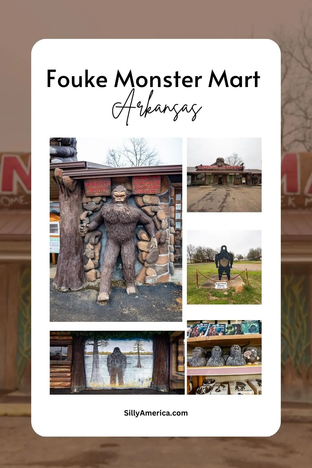 The Boggy Creek Monster is Fouke, Arkansas’s answer to bigfoot. The 8-foot-tall, 300-pound, hairy monster has been stalking the area since at least 1834 and had even inspired a series of horror films. Stop at Fouke Monster Mart on an Arkansas road trip to learn more about this local legend, pick up some souvenirs, and snap your picture with a Boggy Creek Monster photo op....and maybe even encounter the monster himself! #RoadsideAttraction #ArkansasRoadTrip #RoadTripStops #Arkansas #RoadTrip