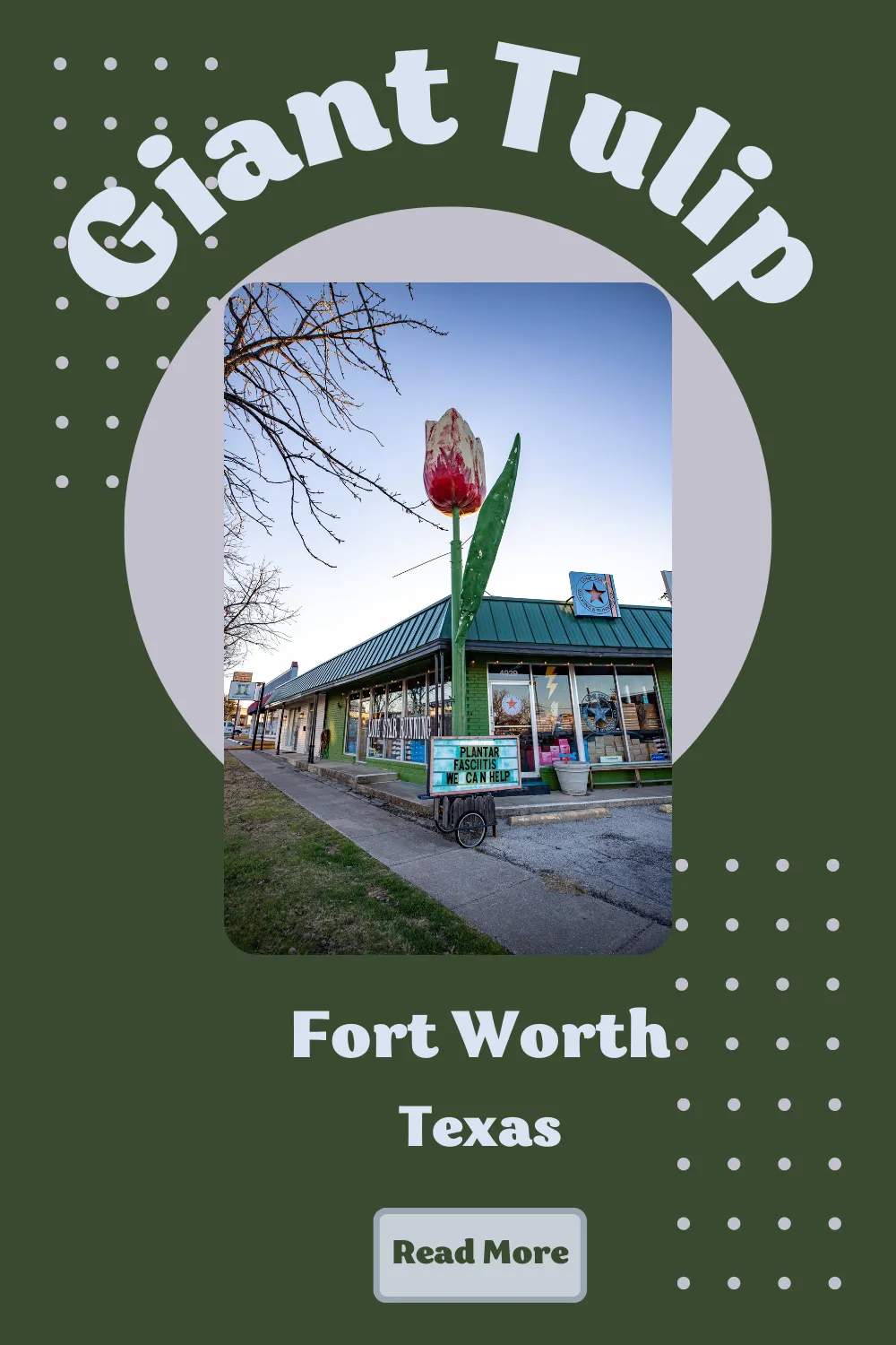 Visit the giant tulip roadside attraction Fort Worth, Texas on your next Texas road trip. Add this fun and weird roadside attraction to your travel itinerary. The 20-foot tall big flower can be found at the athletic store, Lone Star Walking & Running Co. in Fort Worth. #RoadTrip #TexasRoadTrip #Texas #FortWorth #FortWorthRoadTrip #RoadsideAttraction #RoadsideAttractions #TexasRoadsideAttraction #RoadsideAmerica