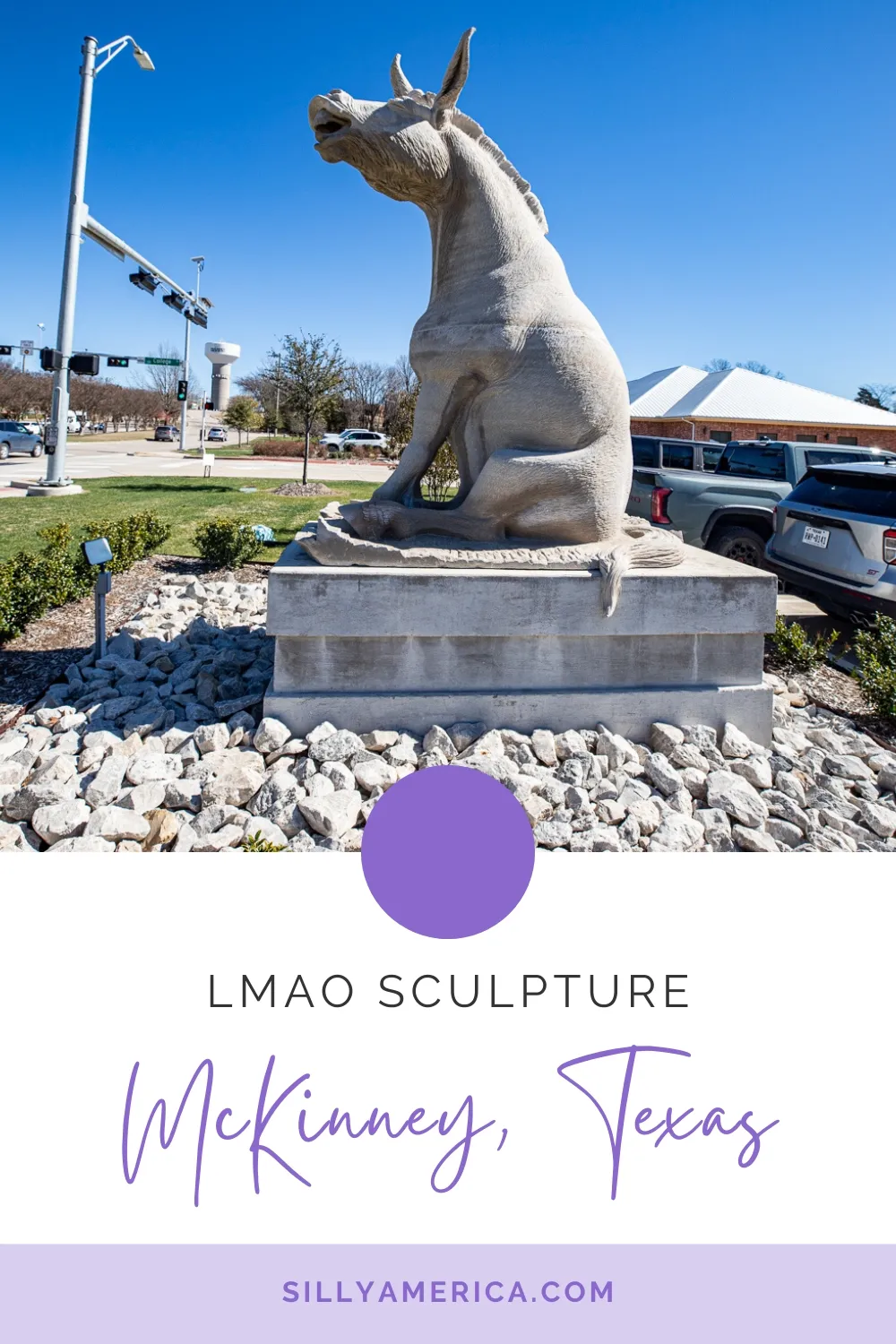 You'll get a kick out of this Texas roadside attraction! It's the LMAO Sculpture in McKinney, Texas (AKA Mule State AKA Laughing Jackass). Visit this local roadside attraction on your next Texas road trip. Add it to your travel itinerary! #RoadTrip #texasRoadTrip #FortWorth #FortWorthTexas #FortWorthAttractions #FortWorthTexasAttractions #RoadsideAttraction #RoadsideAttractions #TexasRoadsideAttraction #TexasRoadsideAttractions