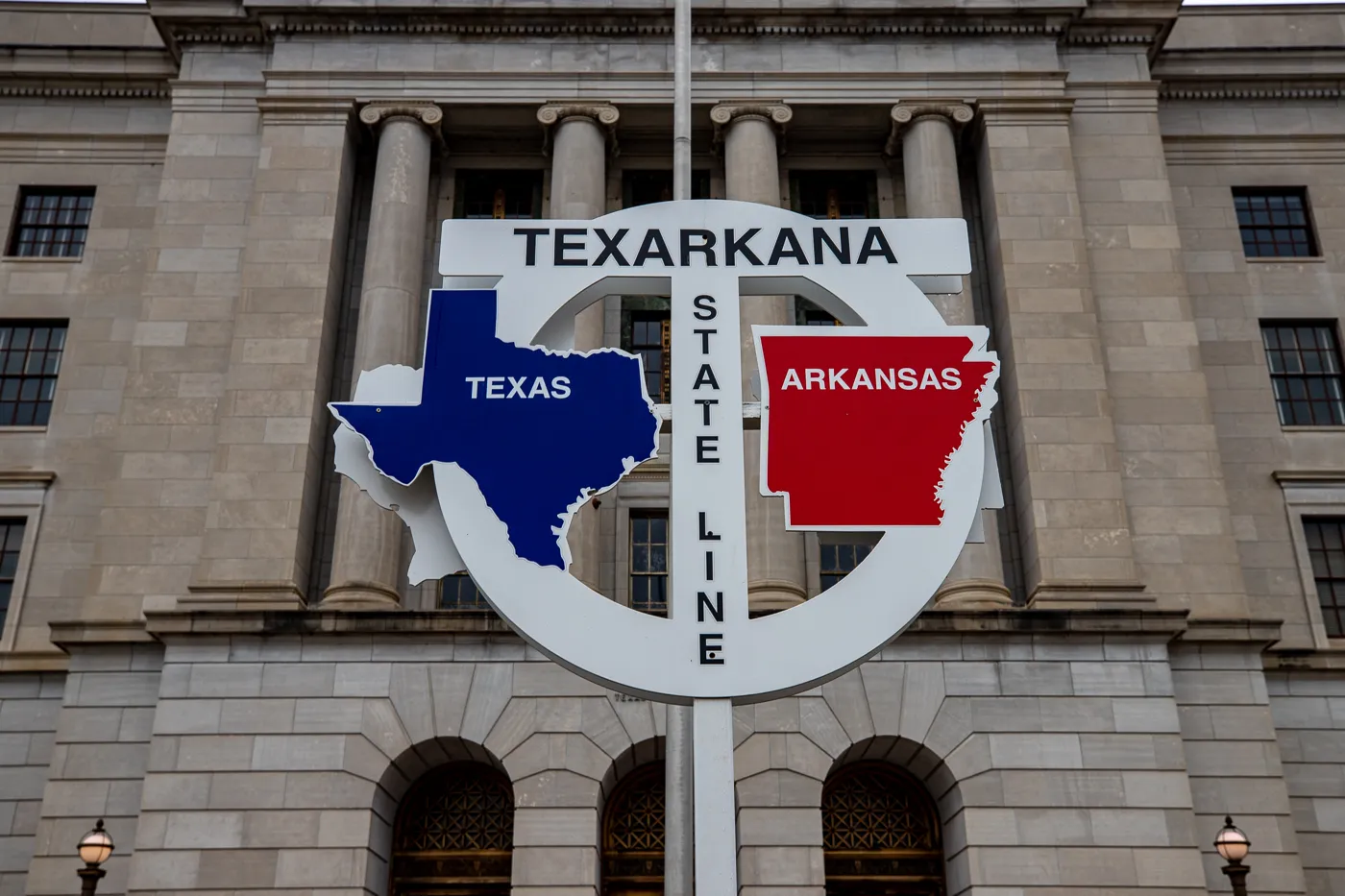 Texarkana State Line Sign at the post office that straddled the Texas and Arkansas borders