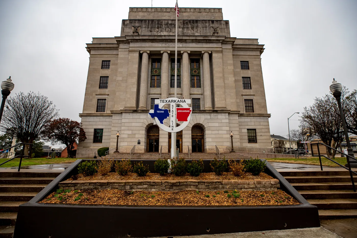 Texarkana State Line Sign at the post office that straddled the Texas and Arkansas borders