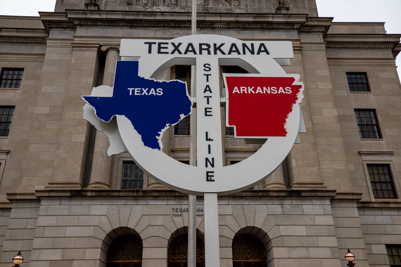 Texarkana State Line Sign at the post office that straddled the Texas and Arkansas borders