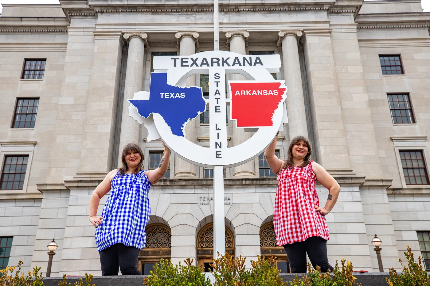 Texarkana State Line Sign at the post office that straddled the Texas and Arkansas borders