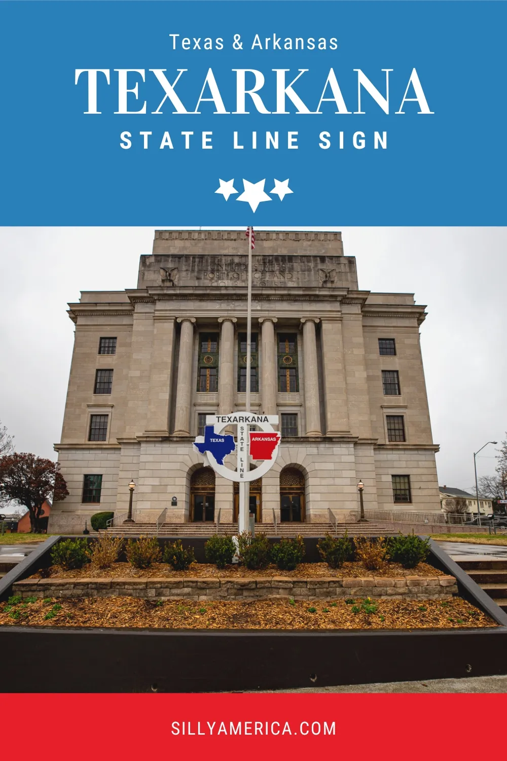 Have you ever wanted to be in two places at once? This unique attraction allows you to do just that. Straddle the line between Texas and Arkansas at the Texarkana State Line Sign! This unique roadside attraction has a fun road trip photo op and the only government building to straddle two states! #Texas #Arkansas #TexasRoadsideAttractions #ArkansasRoadsideAttractions #TexasRoadTrip #ArkansasRoadTrip #RoadTrip #RoadsideAttraction