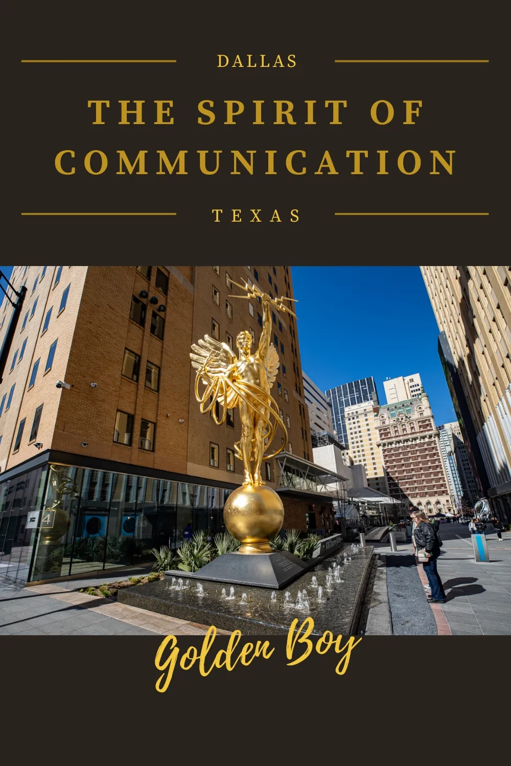 Call it "The Spirit of Communication." Call it "Genius of Telegraphy." Call it "Golden Boy." Whatever you call this big golden statue in Dallas, Texas, you'll definitely want to check it out while you're in town. This roadside attraction is the symbol of AT&T - visit it on a Texas road trip and add it to your Dallas vacation itinerary. #RoadTrip #texasRoadTrip #RoadsideAttraction #RoadsideAttractions #TexasRoadsideAttraction #TexasRoadsideAttractions #Dallas #DallasTexas #Texas