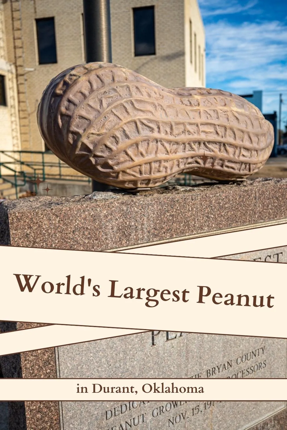 I'm NUTS about this roadside attraction, and I'm sure you will be too. It's the World's Largest Peanut in Durant, Oklahoma. This giant peanut roadside attraction in 3 feet long - small for a world's largest thing but gigantic in comparison to a normal-sized peanut. Visit this weird roadside attraction your Oklahoma road trip! #RoadTrip #Oklahoma #OklahomaRoadTrip #RoadsideAmerica #Roadsideattraction #RoadsideAttractions #OklahomaRoadsideAttraction