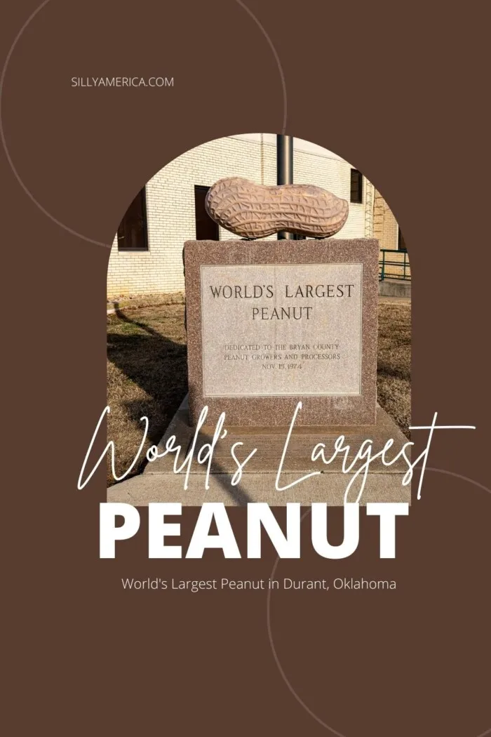 I'm NUTS about this roadside attraction, and I'm sure you will be too. It's the World's Largest Peanut in Durant, Oklahoma. This giant peanut roadside attraction in 3 feet long - small for a world's largest thing but gigantic in comparison to a normal-sized peanut. Visit this weird roadside attraction your Oklahoma road trip! #RoadTrip #Oklahoma #OklahomaRoadTrip #RoadsideAmerica #Roadsideattraction #RoadsideAttractions #OklahomaRoadsideAttraction