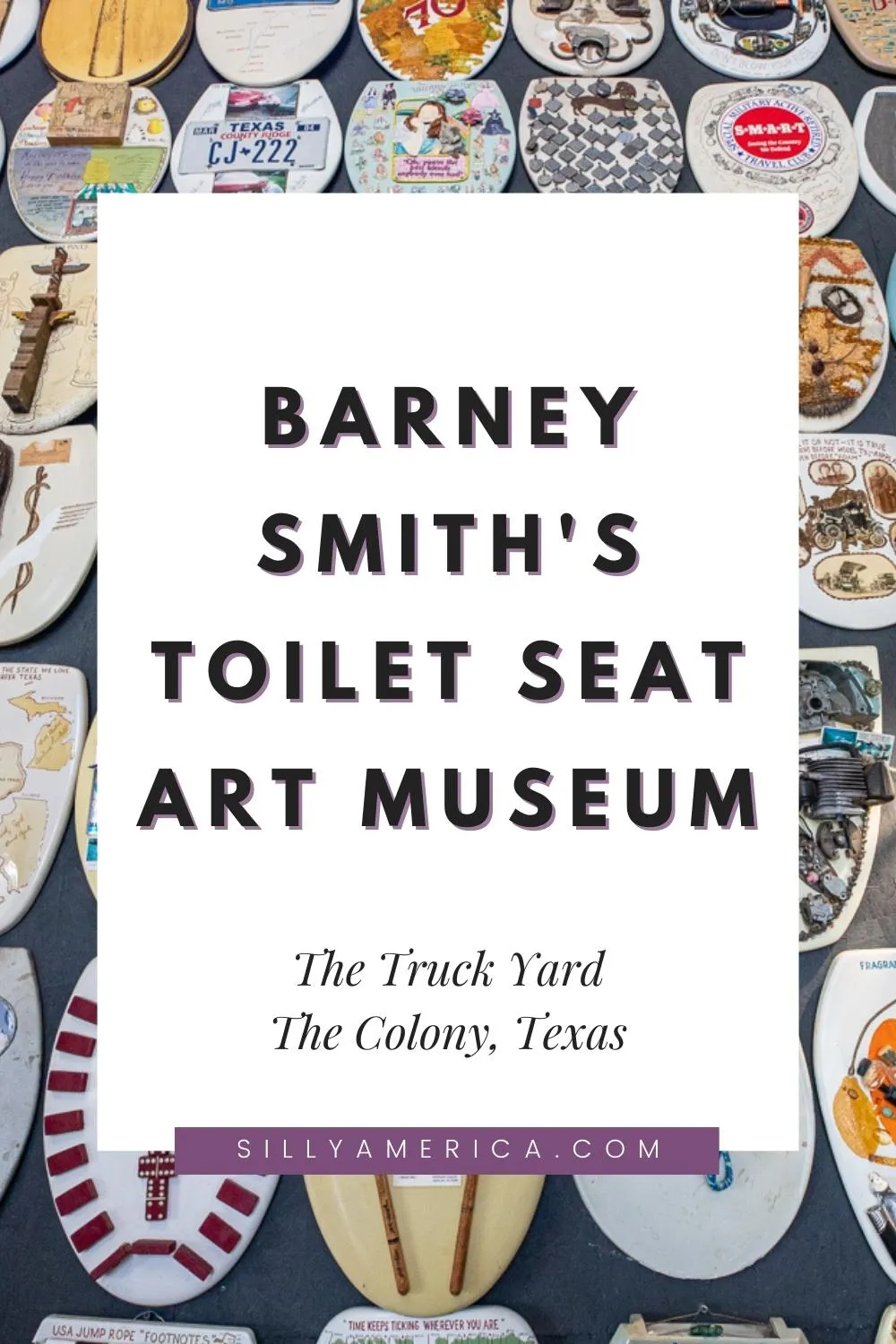 This roadside attraction just might make you go flush. In more ways than one! On the second floor of a Texas beer garden you'll find this unusual museum conveniently located by the bathrooms: Barney Smith's Toilet Seat Art Museum in The Colony, Texas. Visit this weird museum on your Texas road trip! It's a fun roadside attraction and weird museum to add to your travel itinerary! #RoadTrip #Museum #WeirdMuseum #RoadsideAttractions #RoadTrip #Texas #TexasRoadTrip #TexasRoadsideAttractions