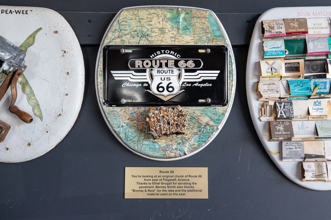 Route 66 toilet seat - Barney Smith's Toilet Seat Art Museum in The Colony, Texas at The Truck Yard Bar