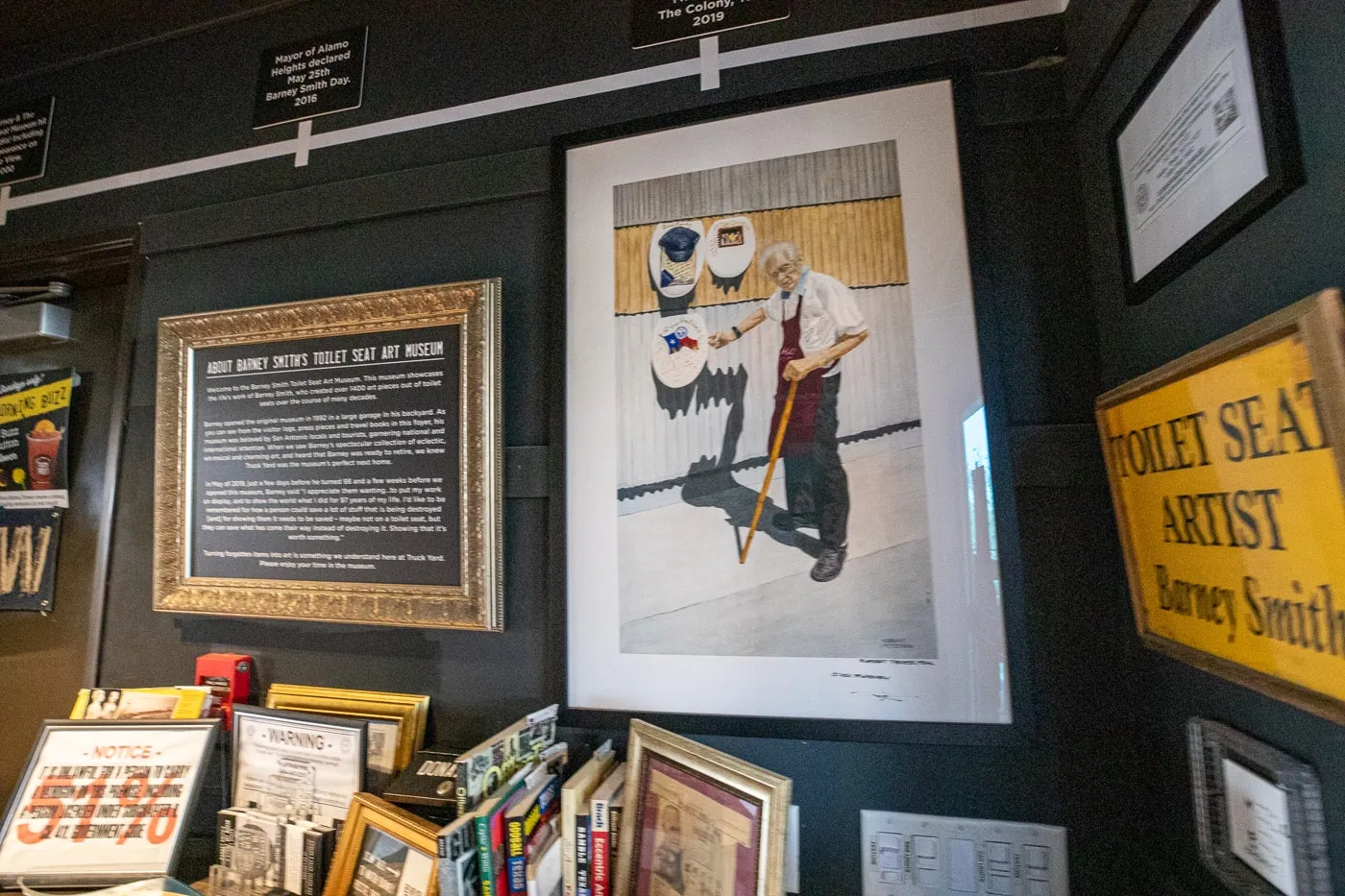 Portrait of Barney Smith at the Barney Smith's Toilet Seat Art Museum in The Colony, Texas at The Truck Yard Bar