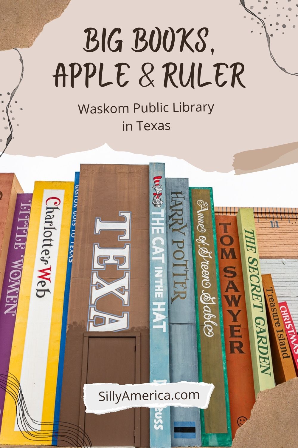 You're definitely going to want to CHECK OUT this roadside attraction! Find the big books, apple, ruler, and more at the Waskom Public Library in Waskom, Texas. Look for this weird roadside attraction on your next Texas road trip. #RoadTrip #RoadsideAttraction #RoadTrips #RoadsideAttractions #TexasRoadTrip #TexasRoadsideAttraction