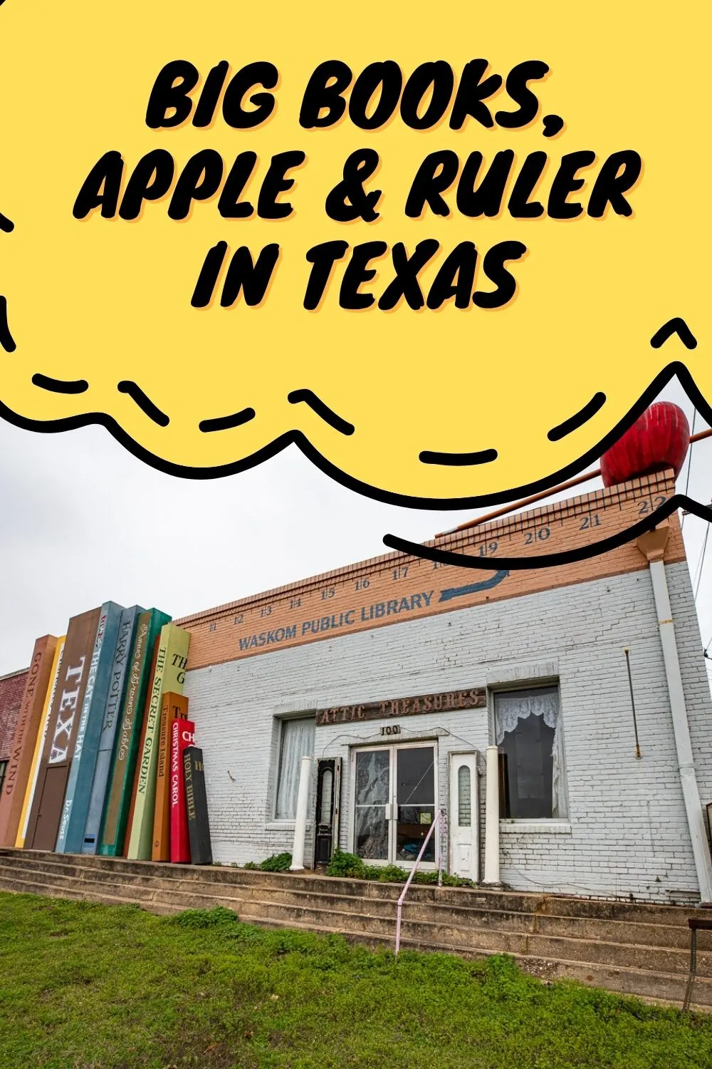 You're definitely going to want to CHECK OUT this roadside attraction! Find the big books, apple, ruler, and more at the Waskom Public Library in Waskom, Texas. Look for this weird roadside attraction on your next Texas road trip. #RoadTrip #RoadsideAttraction #RoadTrips #RoadsideAttractions #TexasRoadTrip #TexasRoadsideAttraction