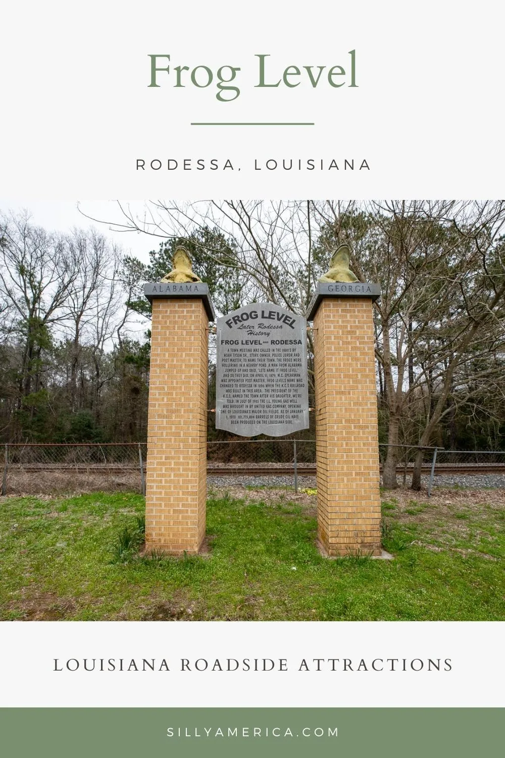 If you're road tripping through Louisiana hop on over to this roadside attraction - it is TOAD-ally worth it! Frog Level in Rodessa, Louisiana is a RIBBITing historical marker that is like no other. Frog level is a weird roadside attraction in Louisiana celebrating the town's original name and inhabitants.  #Louisiana #LouisianaRoadTrip #LouisianaRoadsideAttraction #RoadTrip #RoadsideAttraction