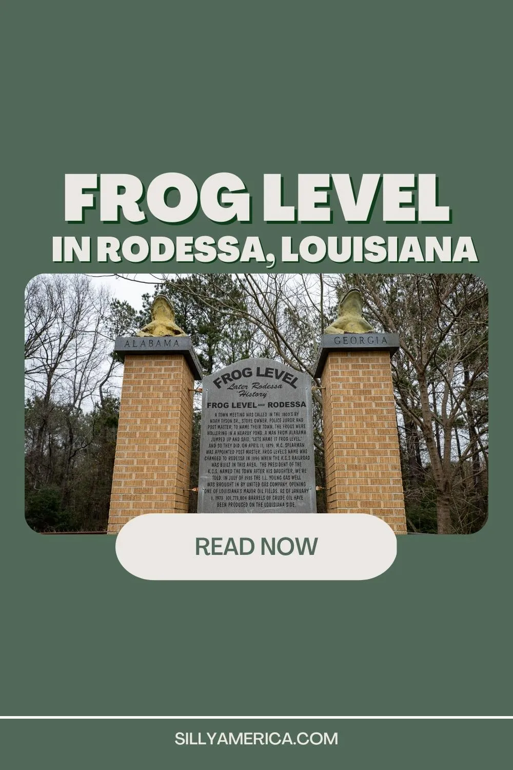If you're road tripping through Louisiana hop on over to this roadside attraction - it is TOAD-ally worth it! Frog Level in Rodessa, Louisiana is a RIBBITing historical marker that is like no other. Frog level is a weird roadside attraction in Louisiana celebrating the town's original name and inhabitants.  #Louisiana #LouisianaRoadTrip #LouisianaRoadsideAttraction #RoadTrip #RoadsideAttraction