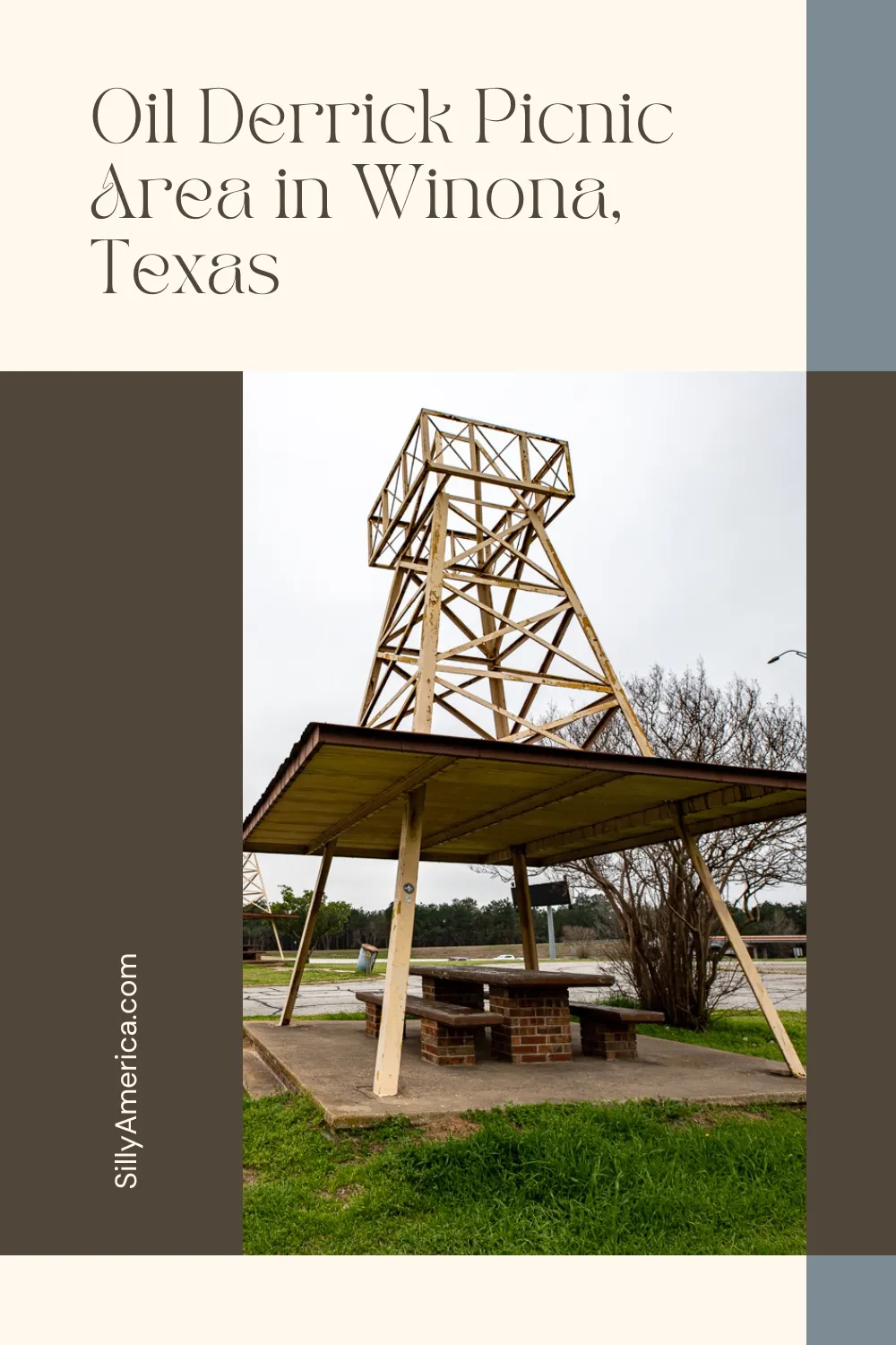 If you need a spot to stretch your legs on a Texas road trip or want to have your road trip sandwiches in a unique spot on the road, pull over at this roadside attraction, the Oil Derrick Picnic Area in Winona, Texas. #RoadTrip #RoadsideAttraction #RoadTrips #RoadsideAttractions #TexasRoadTrip #TexasRoadsideAttraction