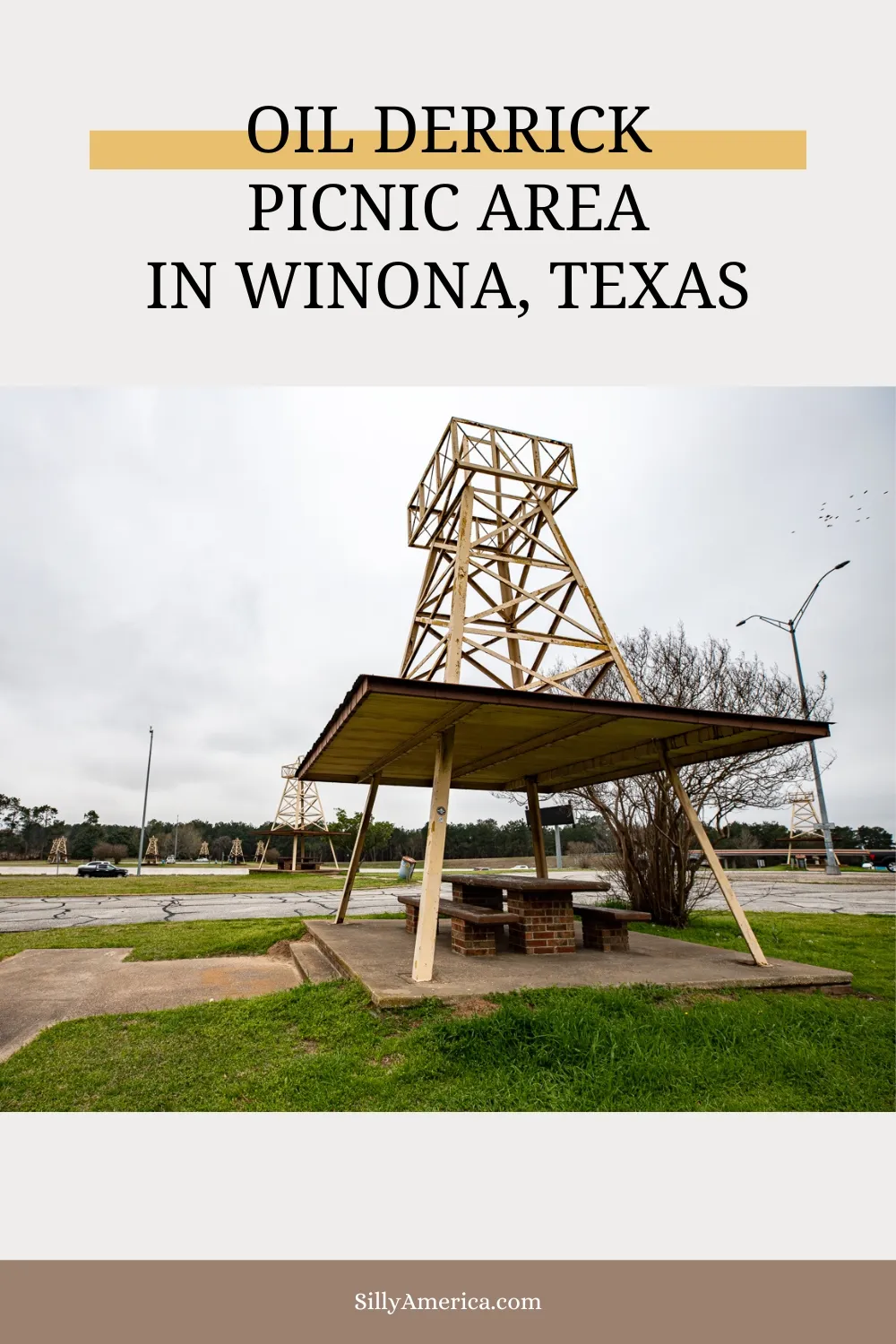 If you need a spot to stretch your legs on a Texas road trip or want to have your road trip sandwiches in a unique spot on the road, pull over at this roadside attraction, the Oil Derrick Picnic Area in Winona, Texas. #RoadTrip #RoadsideAttraction #RoadTrips #RoadsideAttractions #TexasRoadTrip #TexasRoadsideAttraction