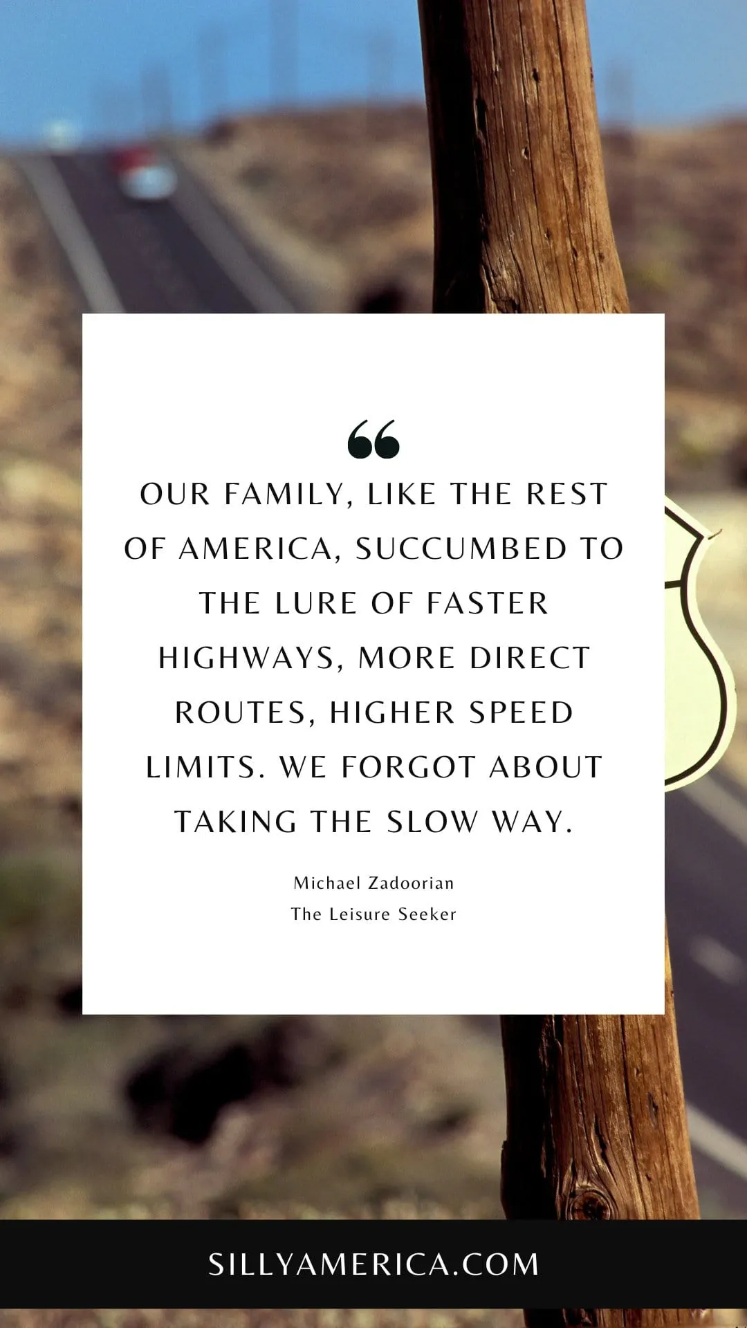 Route 66 Quotes, Sayings, and Phrases - The sad truth is, John and I and the kids only took Route 66 once on our trips to Disneyland. Our family, like the rest of America, succumbed to the lure of faster highways, more direct routes, higher speed limits. We forgot about taking the slow way. It makes you wonder if something inside us knows that our lives are going to pass faster than we could ever realize. So we run around like chickens about to lose our heads. Which makes our little two- or three-week vacations with our families more important than ever… As for the time that elapsed between those vacations, that’s another thing altogether. It seems to have all passed breathlessly, like some extended whisper of days, months, years, decades. - Michael Zadoorian, The Leisure Seeker