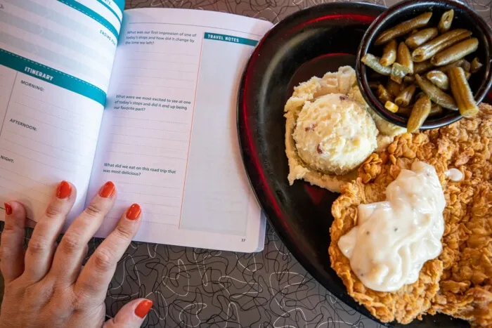 The Road Trip Journal & Activity Book - What Did You Eat on This Road Trip That Was Most Delicious? Road Trip Journal Prompt - Road Trip Book and Chicken Fried Steak at Tally's Good Food Café in Tulsa, Oklahoma Route 66
