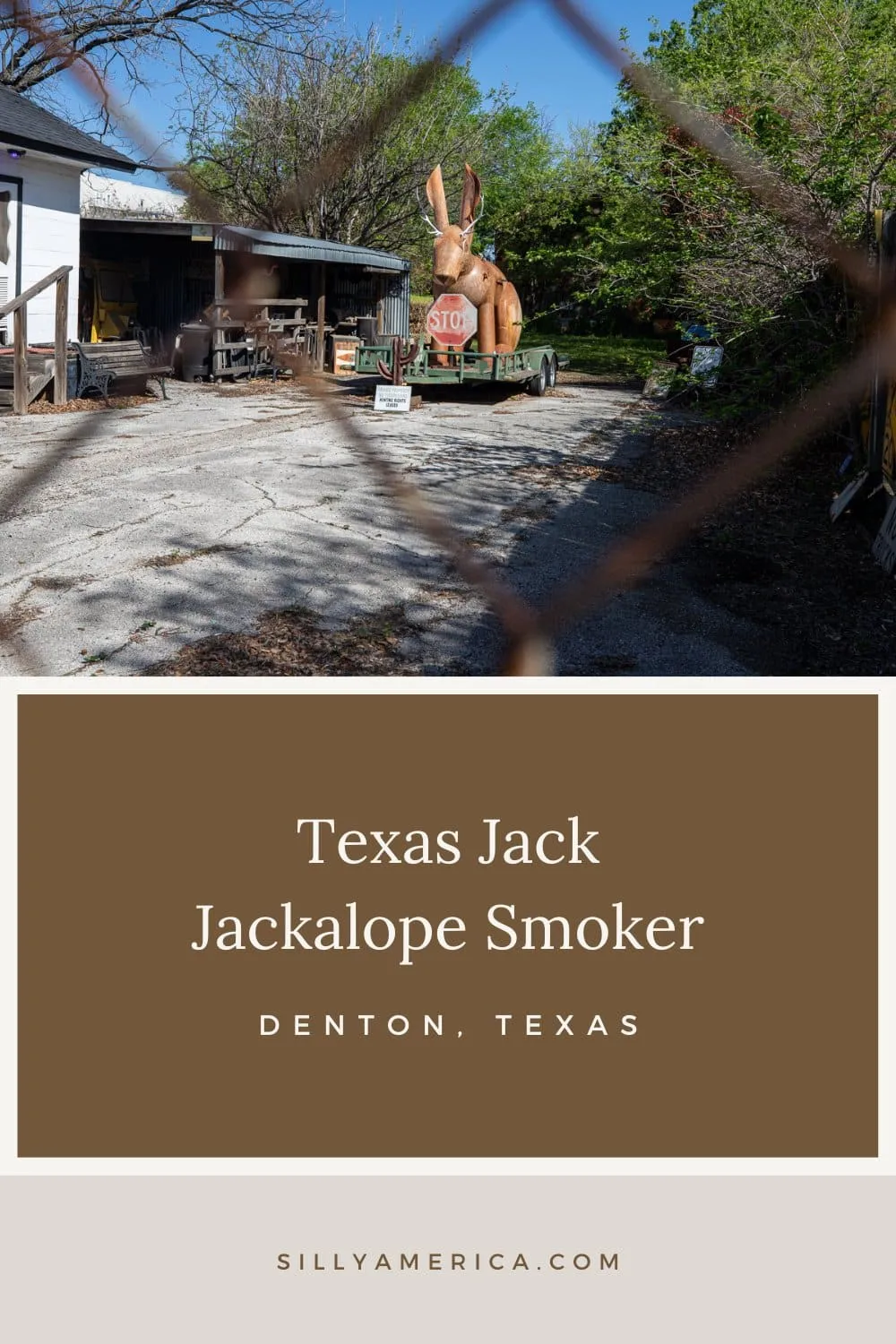 A Texas legend meets a great Texas pastime at this fun roadside attraction. Meet Texas Jack, a jackalope-shaped smoker in Denton, Texas. Visit this weird roadside attraction on your Texas road trip. The jackalope smoker is a fun stop to add to your travel itinerary! #RoadsideAttraction #RoadsideAttractions #Texas RoadsideAttraction #Texas #DentonTexas #RoadTrip #RoadTrips #TexasRoadTrip #RoadTripStop #RoadTripStops