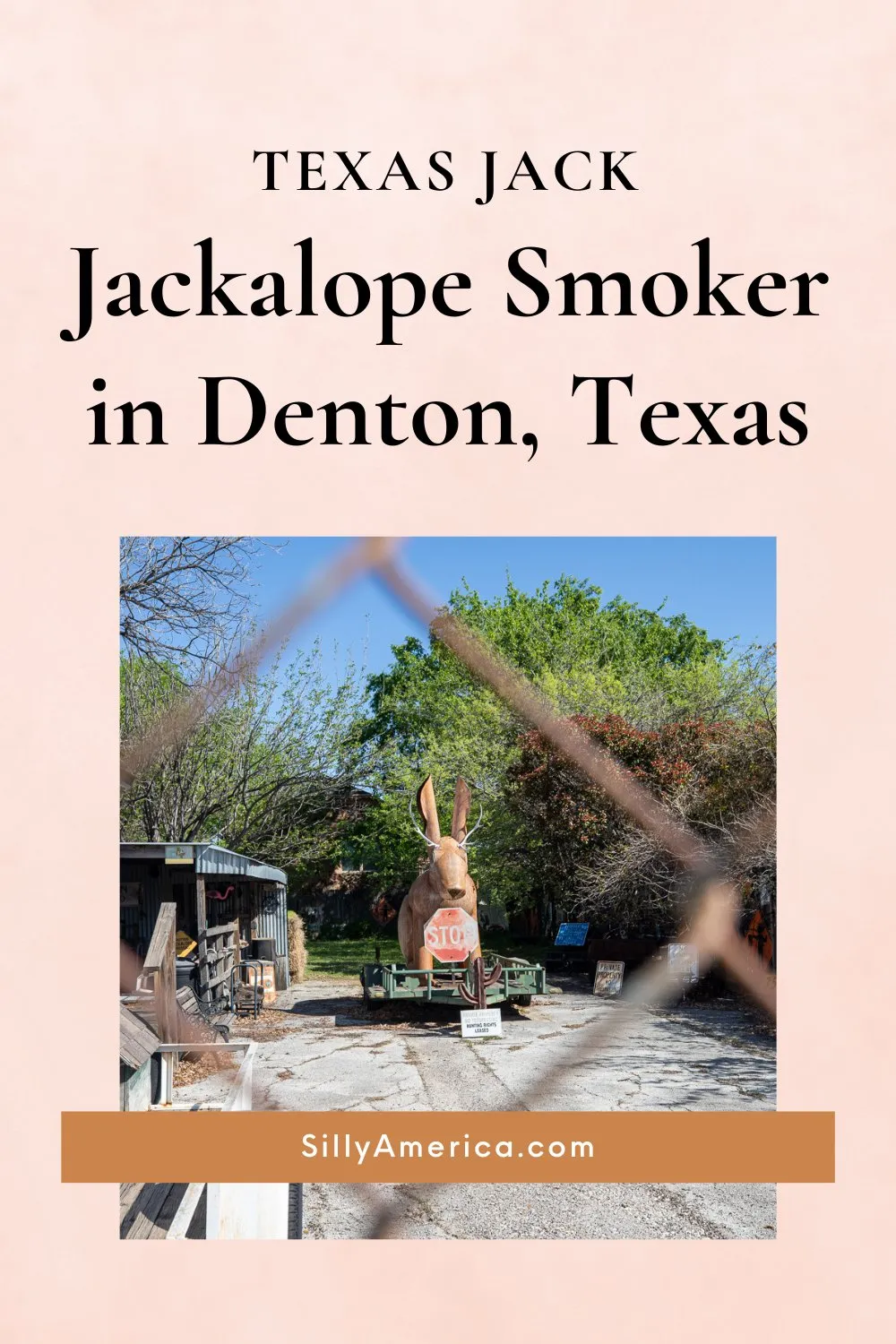 A Texas legend meets a great Texas pastime at this fun roadside attraction. Meet Texas Jack, a jackalope-shaped smoker in Denton, Texas. Visit this weird roadside attraction on your Texas road trip. The jackalope smoker is a fun stop to add to your travel itinerary! #RoadsideAttraction #RoadsideAttractions #Texas RoadsideAttraction #Texas #DentonTexas #RoadTrip #RoadTrips #TexasRoadTrip #RoadTripStop #RoadTripStops