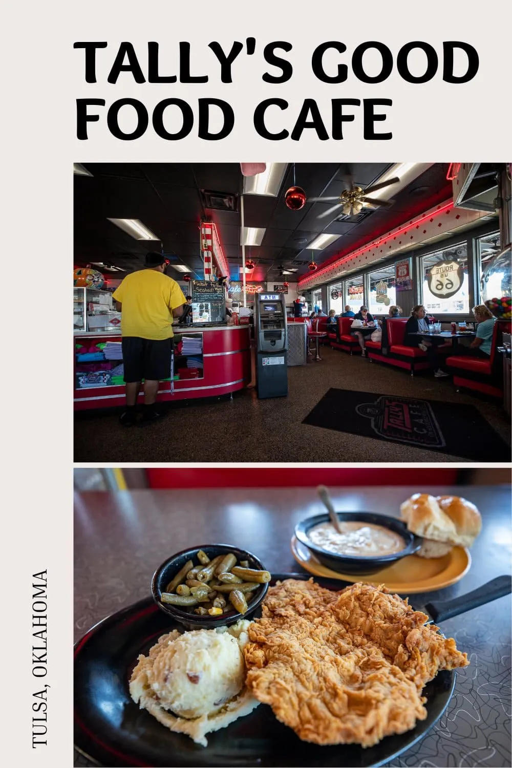 Get your eats on Route 66! Tally's Good Food Café in Tulsa, Oklahoma is a classic American diner located on the most classic road in America. Stop at this classic Route 66 diner for giant cinnamon rolls or chicken fried steak. Add this stop to your road trip itinerary for Tulsa, Oklahoma or Route 66! #Restaurant #RoadTrip #RoadTripStop #ClassicDiner #Route66 #OklahomaRoadTrip #Tulsa #TulsaOklahoma