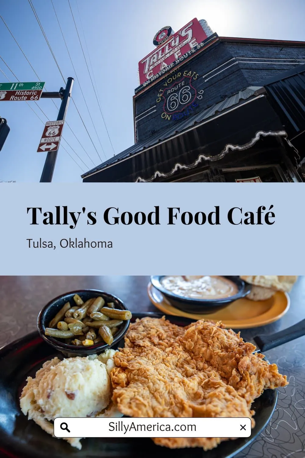 Get your eats on Route 66! Tally's Good Food Café in Tulsa, Oklahoma is a classic American diner located on the most classic road in America. Stop at this classic Route 66 diner for giant cinnamon rolls or chicken fried steak. Add this stop to your road trip itinerary for Tulsa, Oklahoma or Route 66! #Restaurant #RoadTrip #RoadTripStop #ClassicDiner #Route66 #OklahomaRoadTrip #Tulsa #TulsaOklahoma