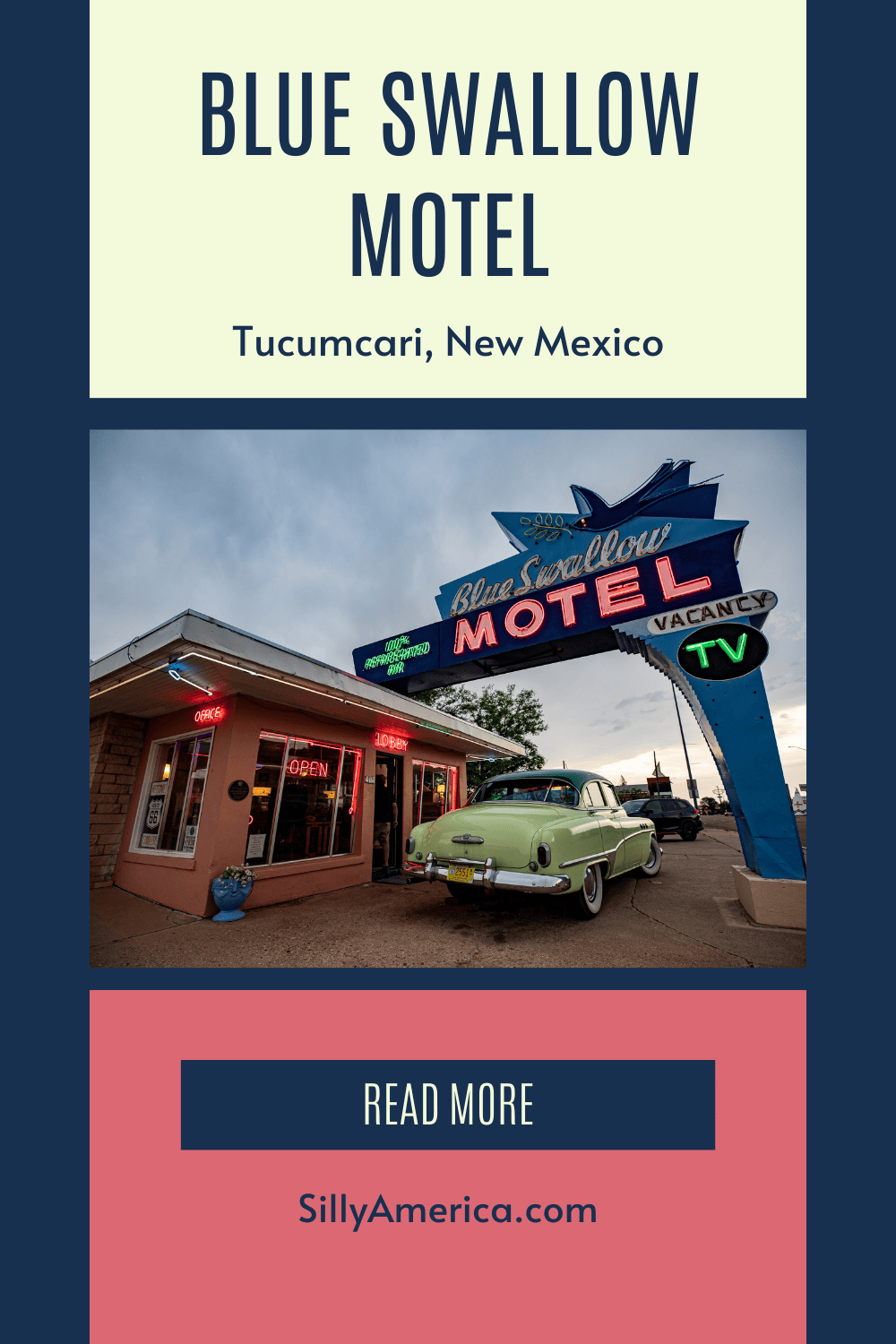 Route 66 is famous for the bright neon signs that light up the way. And perhaps no neon sign on The Mother Road is more recognizable than the one at the Blue Swallow Motel in Tucumcari, New Mexico. Book this fun vintage motel on Route 66 for your New Mexico road trip. Visit the iconic neon sign and add this hotel to your road trip itinerary and your travel bucket list. #Route66 #VintageMotel #Motel #Route66Motel #Route66Motels #Route66RoadTrip #NewMexico #NewMexicoRoadTrip