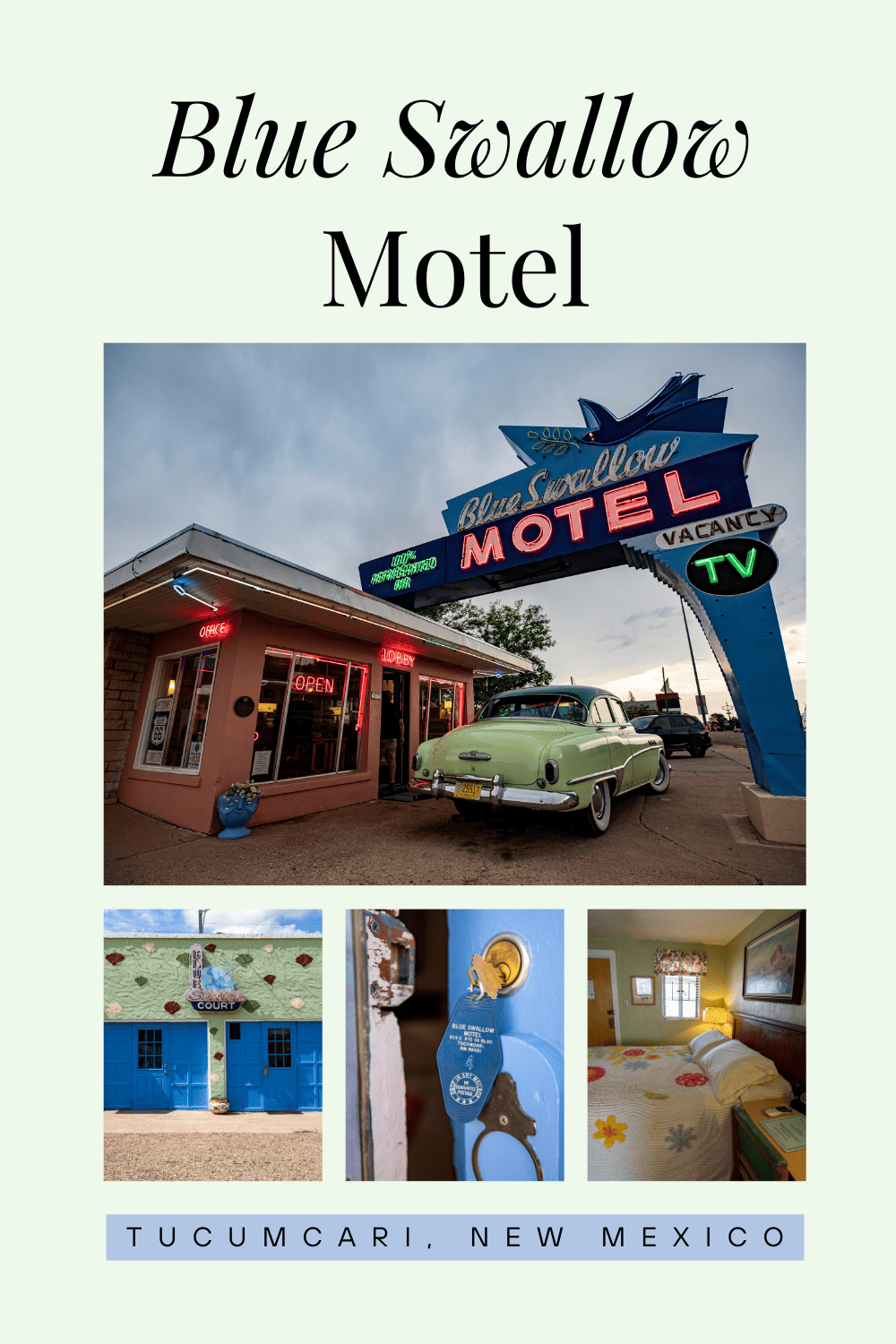 Route 66 is famous for the bright neon signs that light up the way. And perhaps no neon sign on The Mother Road is more recognizable than the one at the Blue Swallow Motel in Tucumcari, New Mexico. Book this fun vintage motel on Route 66 for your New Mexico road trip. Visit the iconic neon sign and add this hotel to your road trip itinerary and your travel bucket list. #Route66 #VintageMotel #Motel #Route66Motel #Route66Motels #Route66RoadTrip #NewMexico #NewMexicoRoadTrip