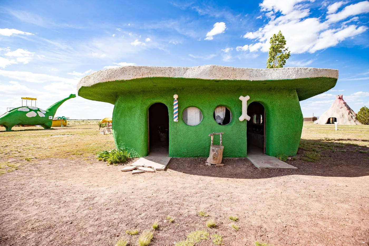 Green barber shop at Flintstones Bedrock City in Williams, Arizona