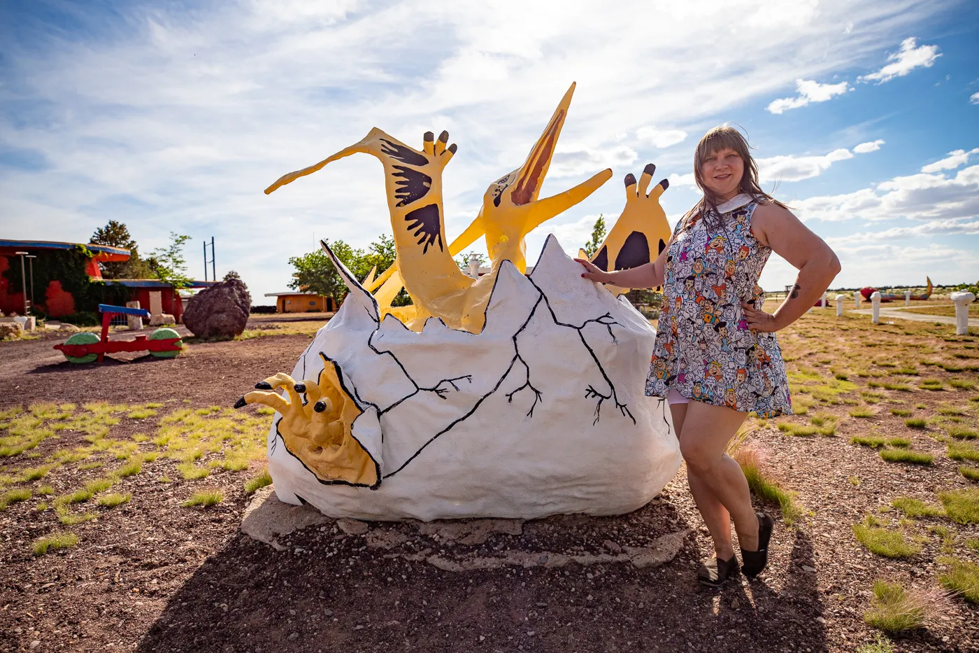 Hatching dinosaur egg at Flintstones Bedrock City in Williams, Arizona - Arizona Roadside Attraction