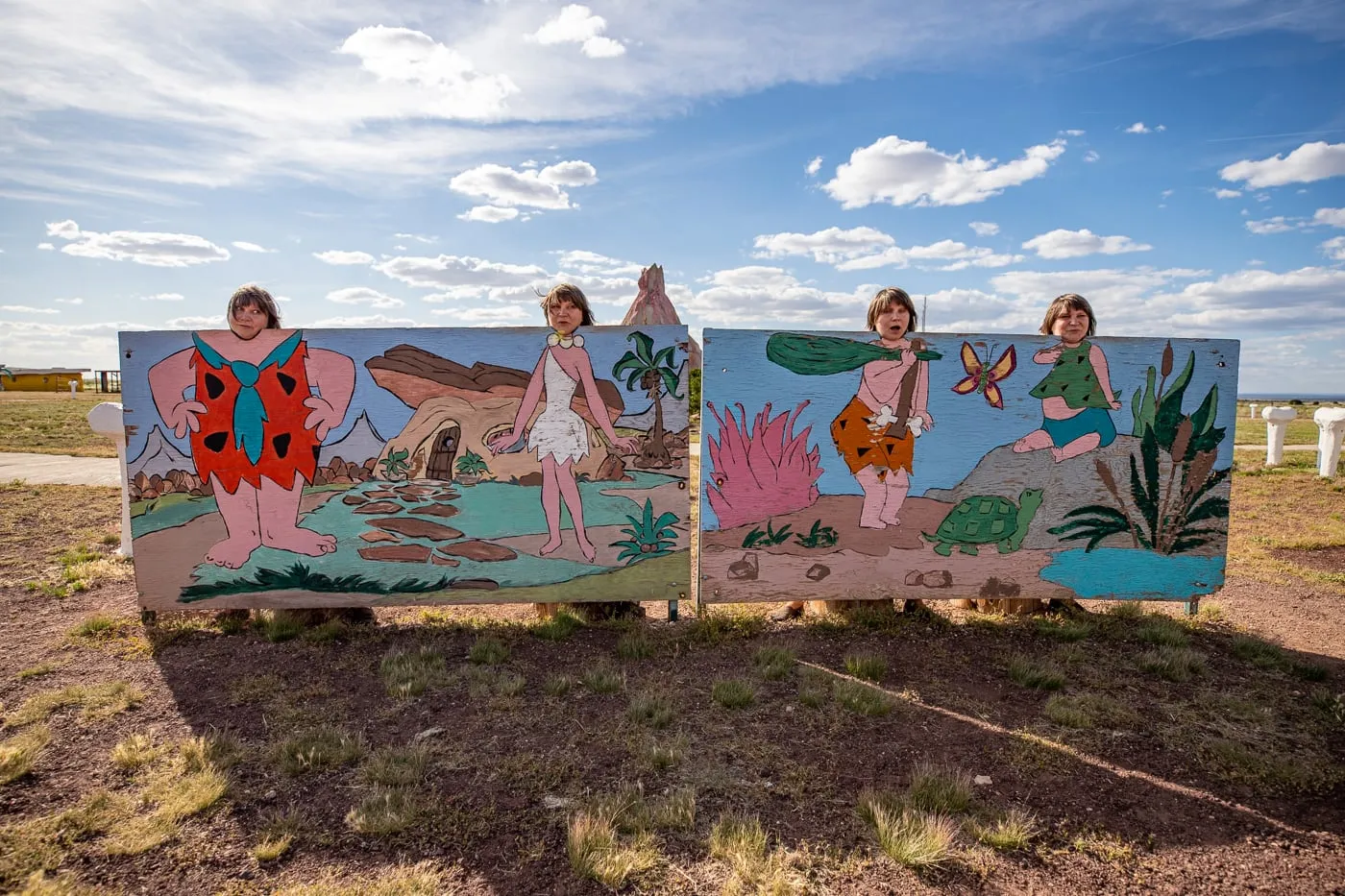 Flintstone character photo op at Flintstones Bedrock City in Williams, Arizona