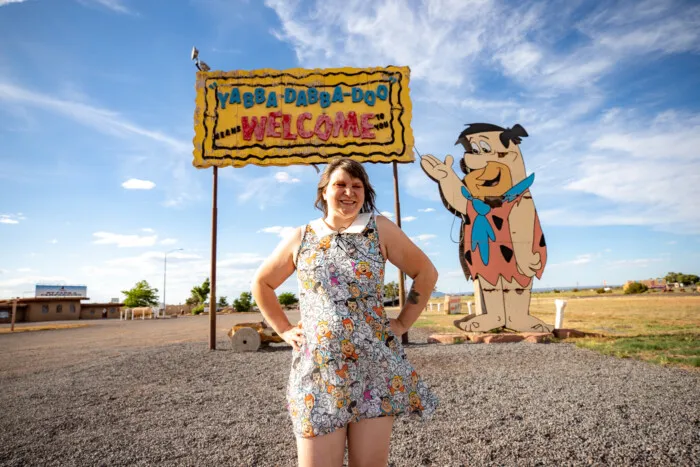 Yabba Dabba Doo Welcome sign at Flintstones Bedrock City in Williams, Arizona