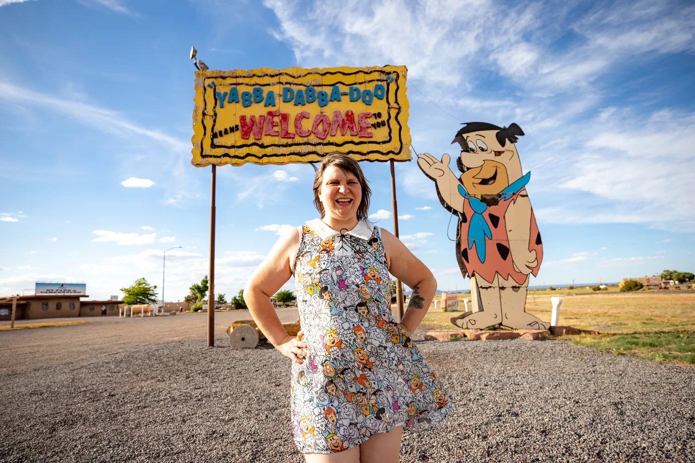 Yabba Dabba Doo Welcome sign at Flintstones Bedrock City in Williams, Arizona